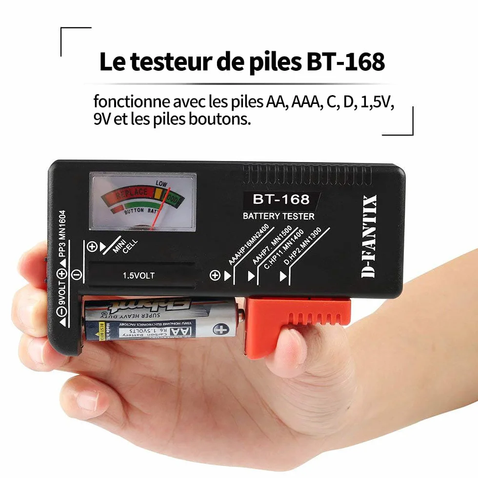 D-FantiX Testeur de Piles Universel BT-168 pour AA AAA C D 9V 1.5V