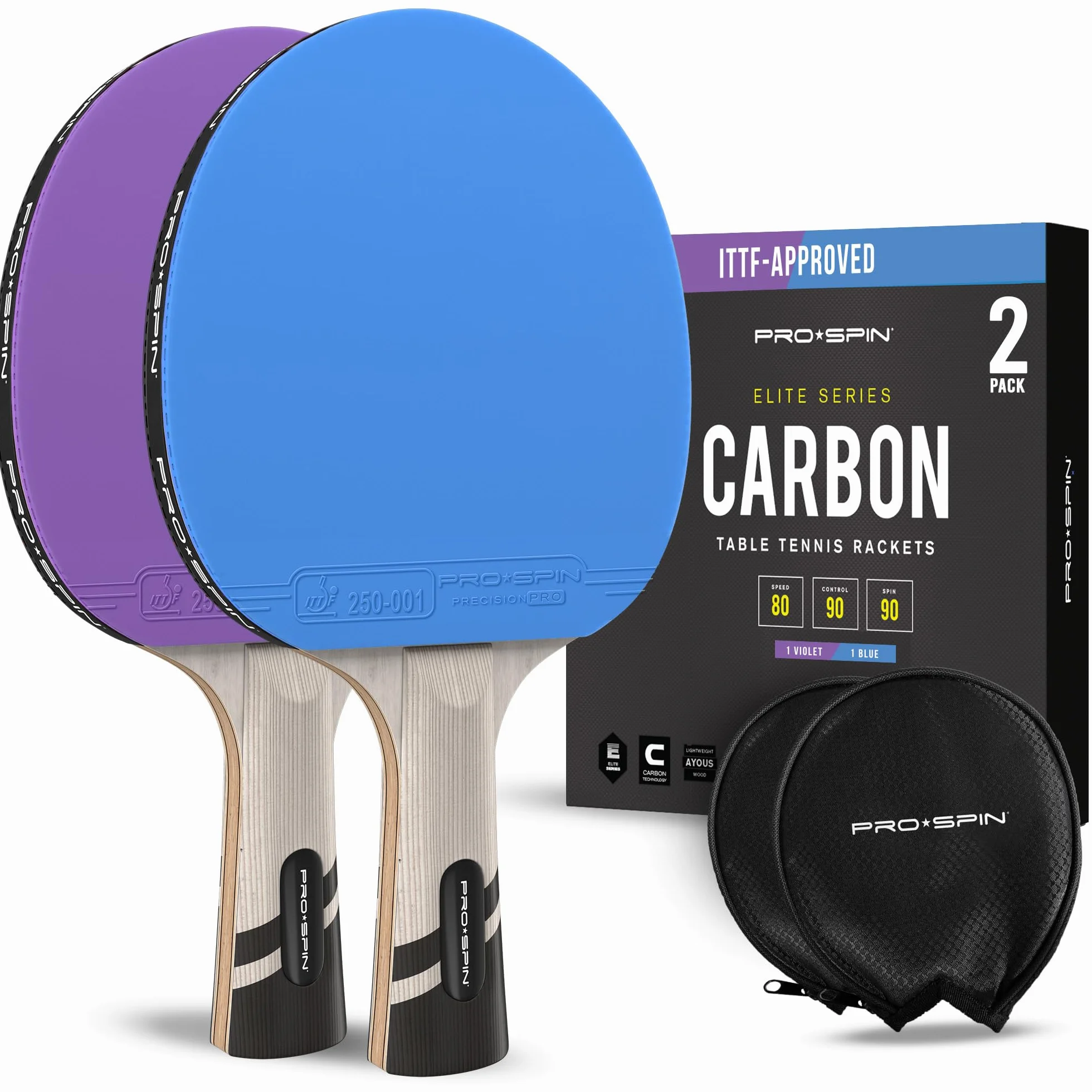 Raquette de Ping Pong PRO-SPIN Série Elite 7 Plis Fibre de Carbone Homologuée ITTF