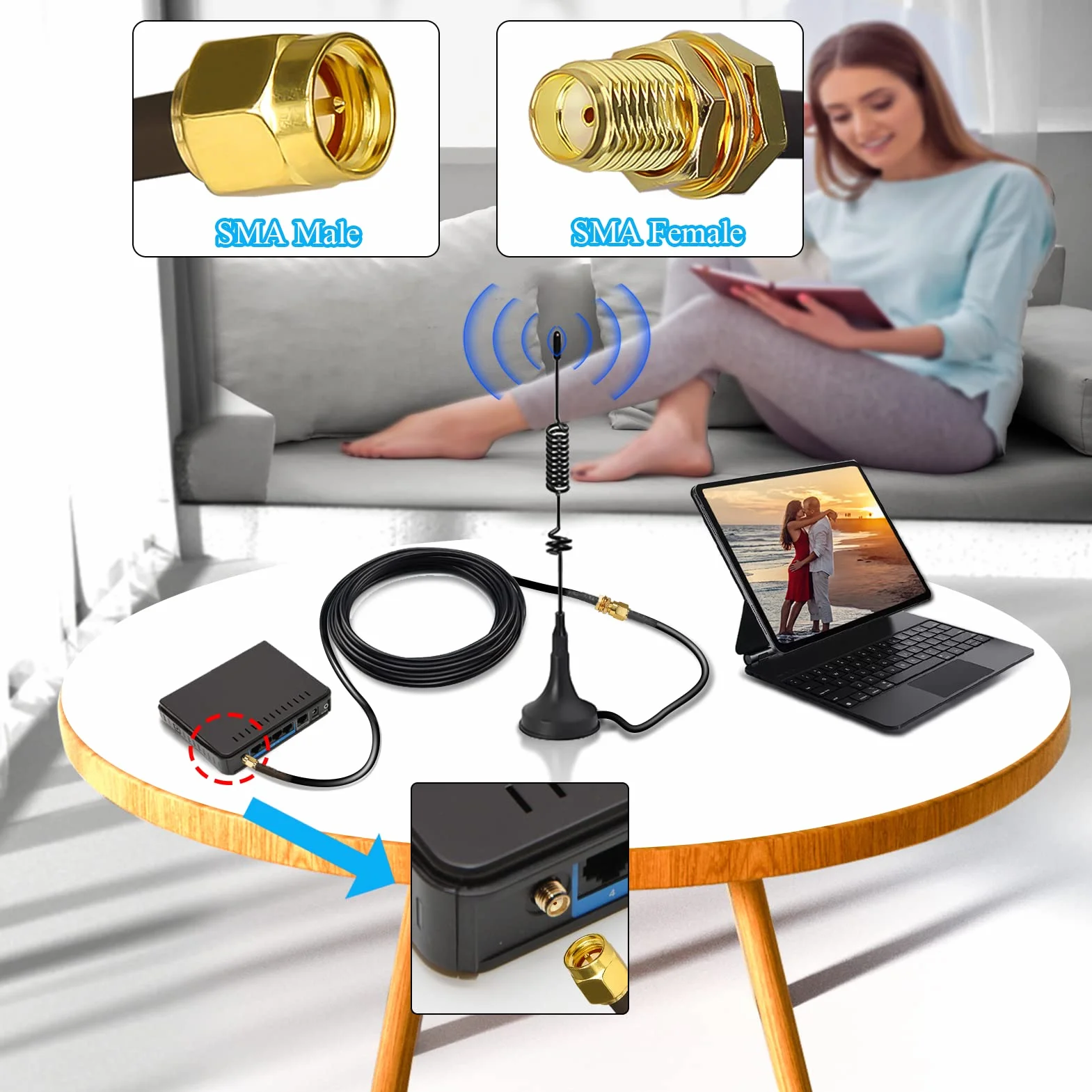 TUOLNK RG174 SMA Câble Coaxial Mâle à Femelle RF 16,4 Pieds (5m) + 3 Adaptateurs Radio Ham, Antenne 3G 4G LTE, Équipement SDR, ADS-B, GPS