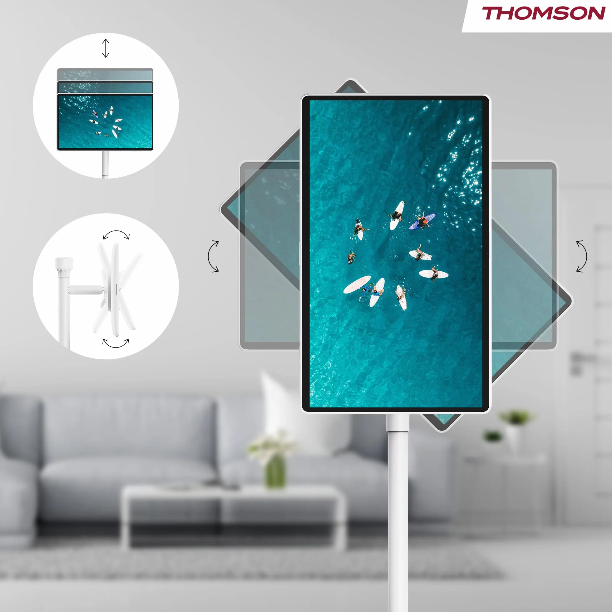 THOMSON Go Plus Pro Écran Tactile Intelligent 27 Pouces (69 cm) FHD Android Commande Vocale Hotspot Caméra 5MP Caisson de Basses WiFi 6 Bluetooth Batterie 4 Heures Support Portable