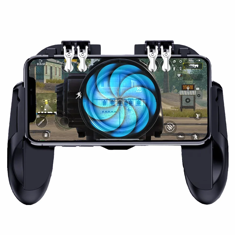 Manette Telephone avec Ventilateur, Contrôleur de Jeu Mobile Portable 6 Doigts Gamepad Joystick L1R1 L2R2 pour PUBG Android iOS iPhone Samsung Huawei Smartphone