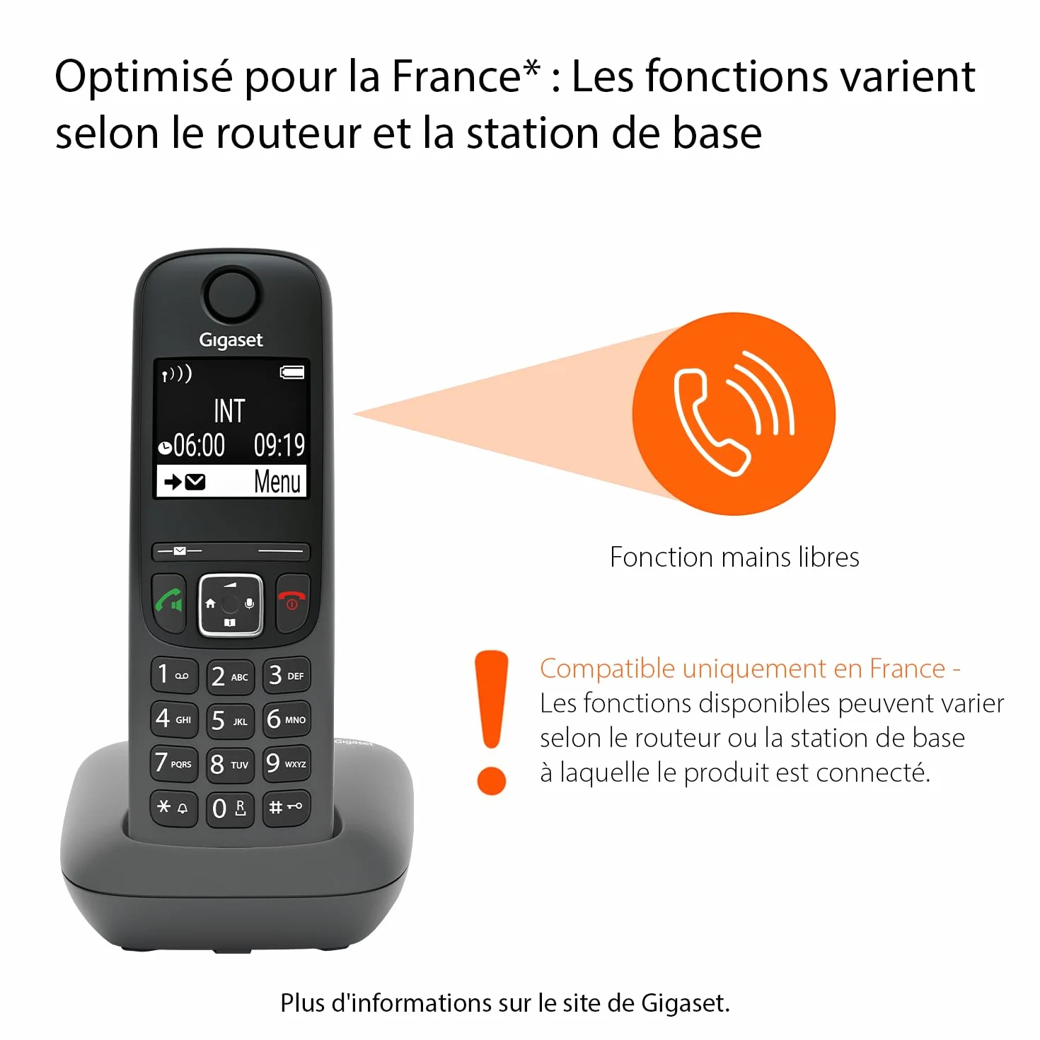 Gigaset A695 téléphone DECT sans fil grand écran fort contraste qualité audio mains libres gris
