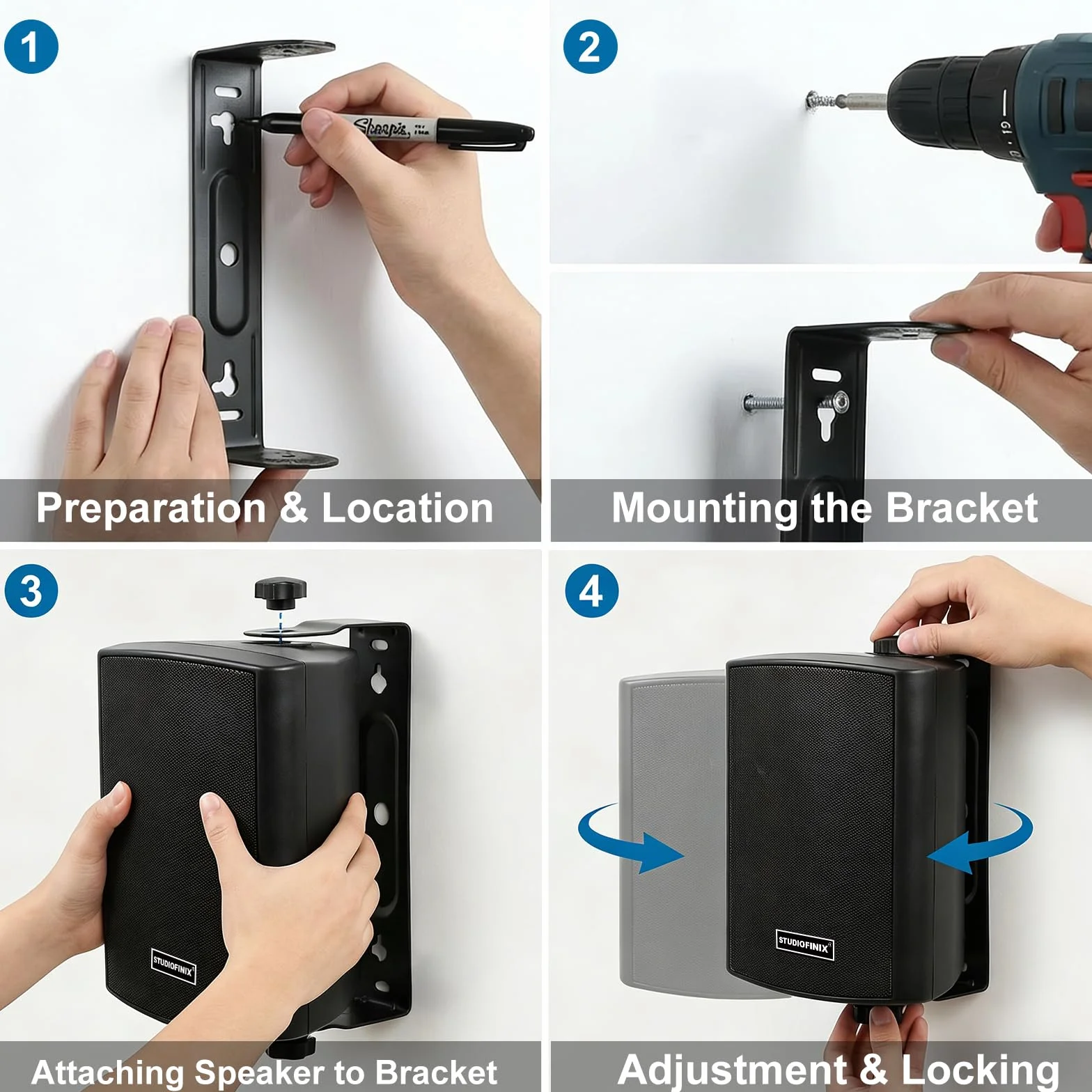 Enceintes murales STUDIOFINIX 4 Pouces 200W étanches Bluetooth 5.1, Multi-Sync + télécommande IR. Intérieur/extérieur, terrasse, Garage, Jardin (401BLE, Noir, Paire)