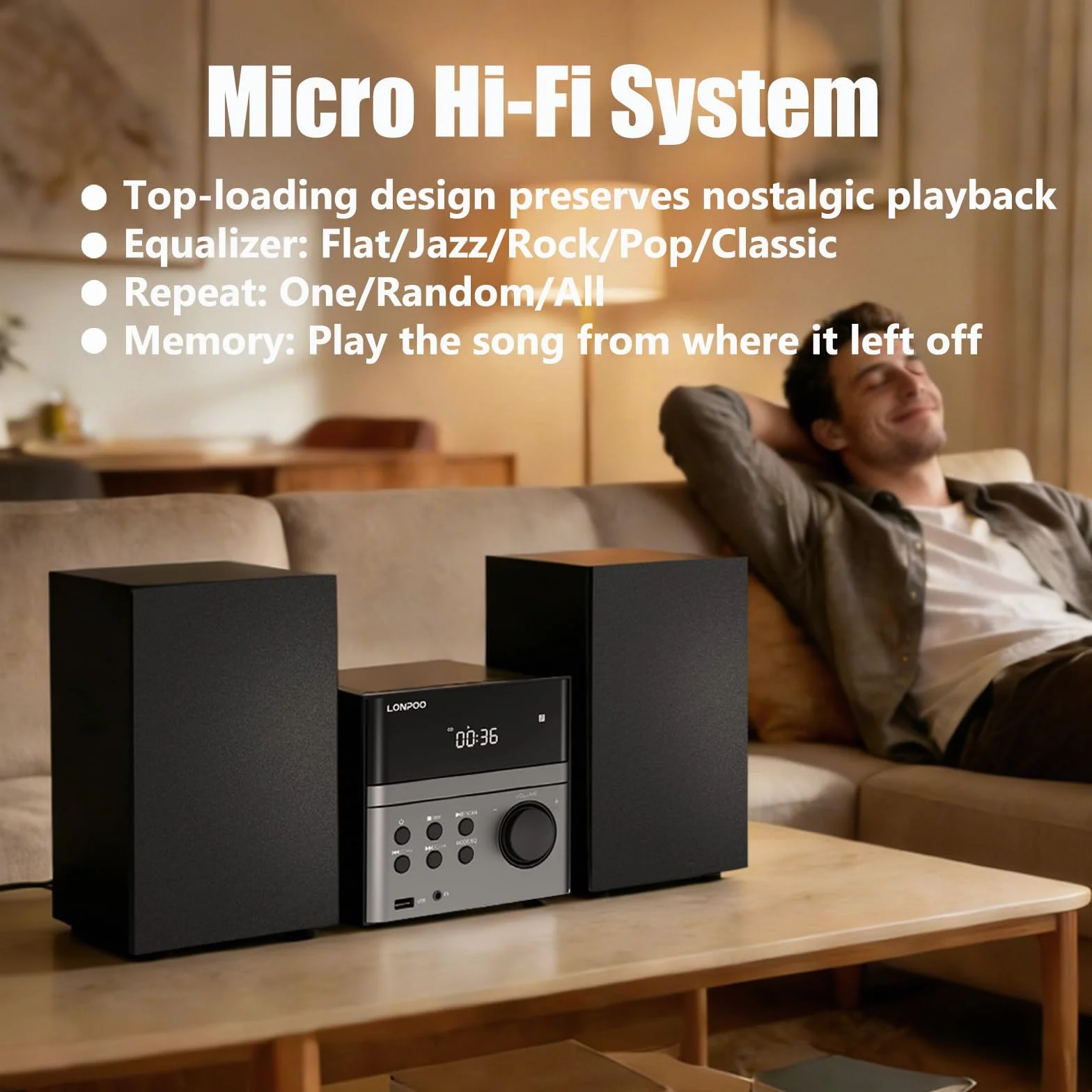 Micro Chaîne Hi-FI Stéréo Système compacte - avec Lecteur CD, Bluetooth, Radio FM, USB, AUX-in, écran LED et Grand Bouton, télécommande (EU-128BT) | Lecteur CD, Bluetooth, radio FM, entrée USB/AUX, sortie casque, technologie DSP, suppression des sons et b