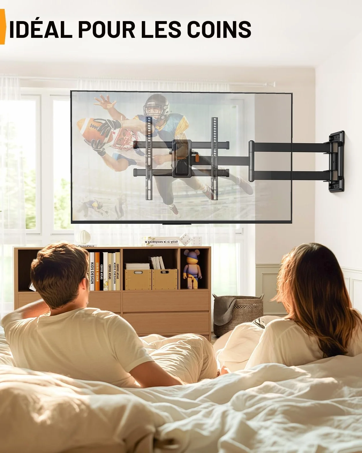Perlegear Support Mural TV à Bras Long, Support TV à Mouvement Complet pour Téléviseurs de 32-65″, Capacité de Charge de 60 kg, Support TV d'angle avec Pivotement de ±90°, VESA Max 400x400mm, PGMF24B