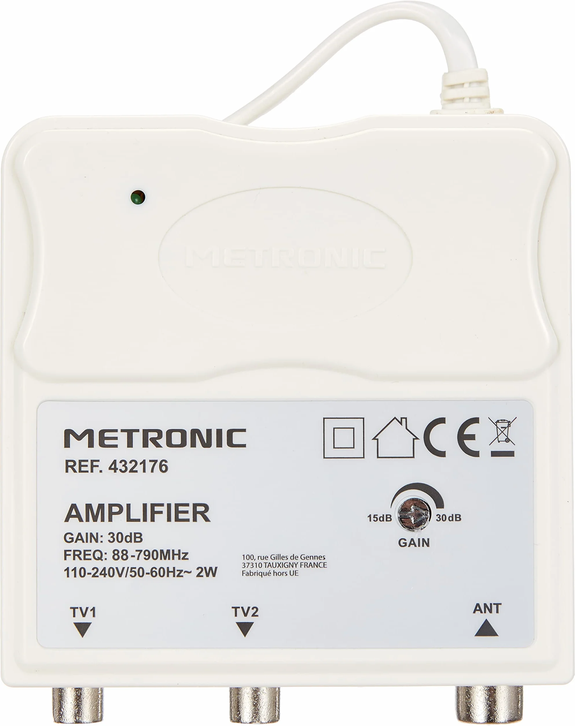 Metronic 432176 - Amplificateur intérieur avec réglage du gain FM-UHF, gain réglable jusqu'à 30 dB, protection 4G, prises TV, diamètre 9,52 mm, couleur : blanc