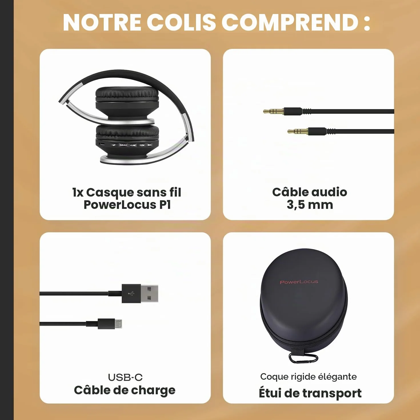 PowerLocus Casque Bluetooth sans Fil, Pliable Casque Audio Stéréo, Oreillette Bluetooth avec Micro Intégré/Micro SD/FM Radio pour Téléphones/PC/Tablettes/TV (Noir/Argent)