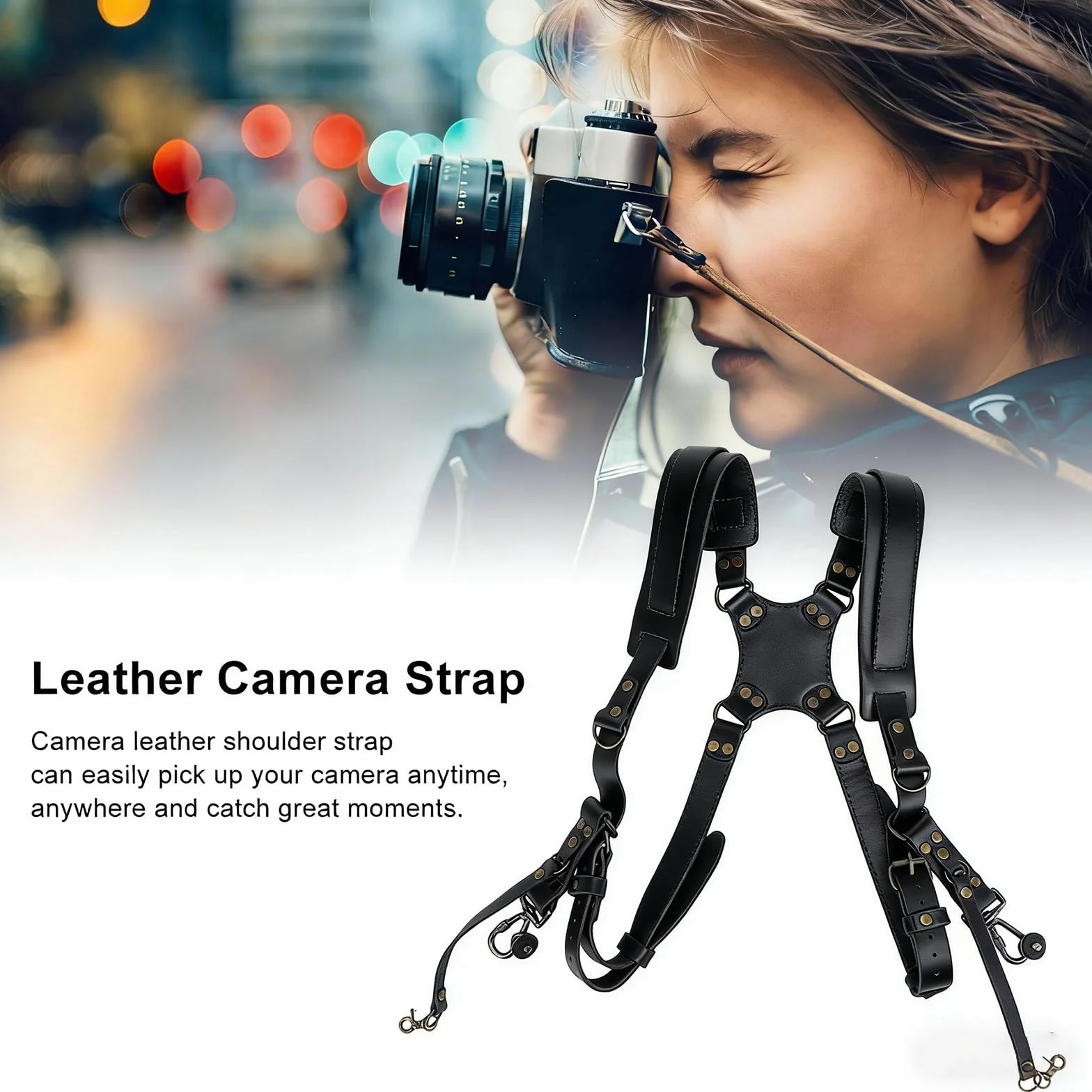 Harnais Appareil Photo Professionnel, Longueur Ajustable Bandoulière Double pour Appareil Photo, Cuir Sangle de Sac à Dos Deux Caméras DSLR/SLR, Unisexe Photographe