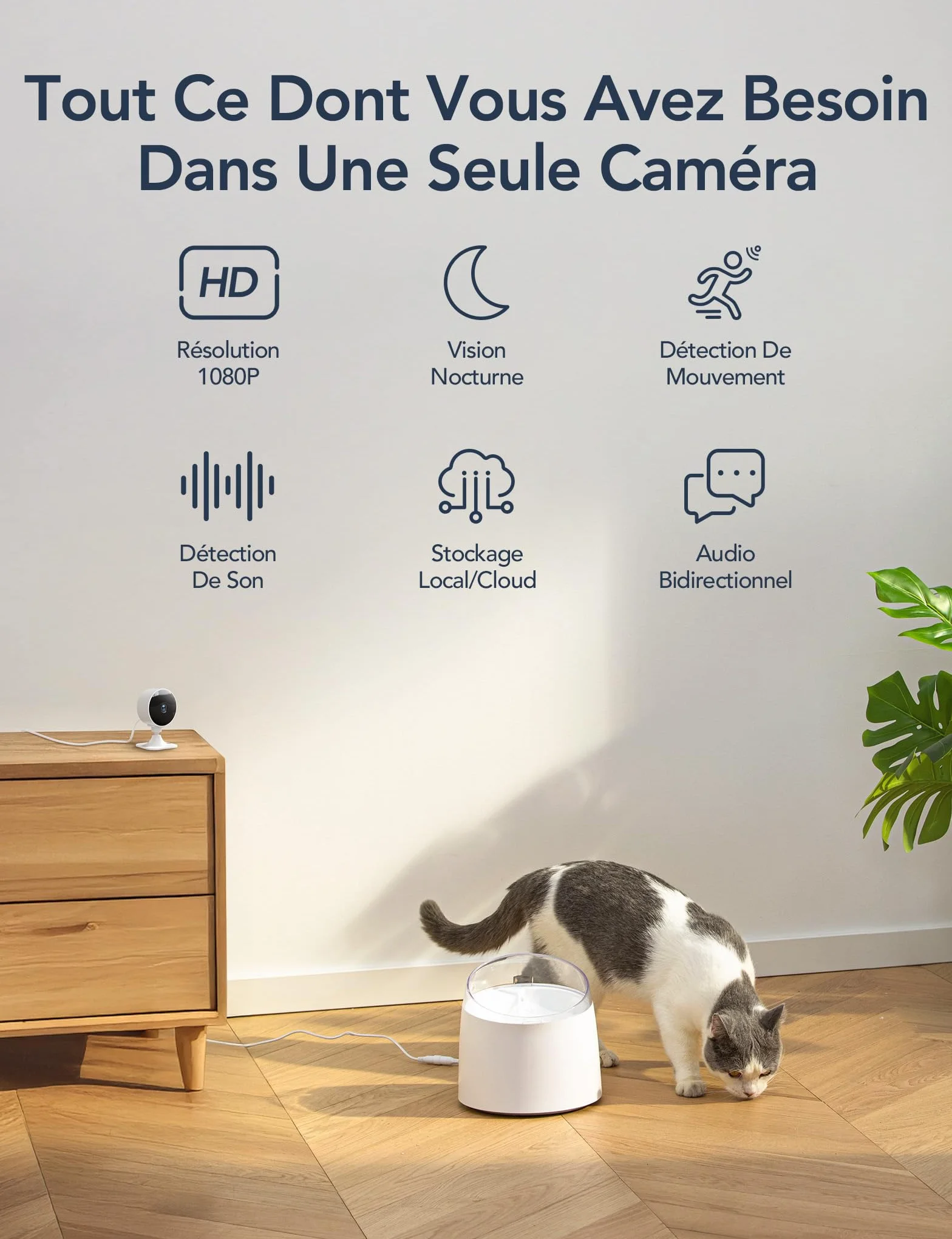 GNCC Caméra de sécurité intérieure 1080p Wi-Fi 2,4 GHz détection Mouvement IA Audio bidirectionnel Vision Nocturne Stockage Cloud