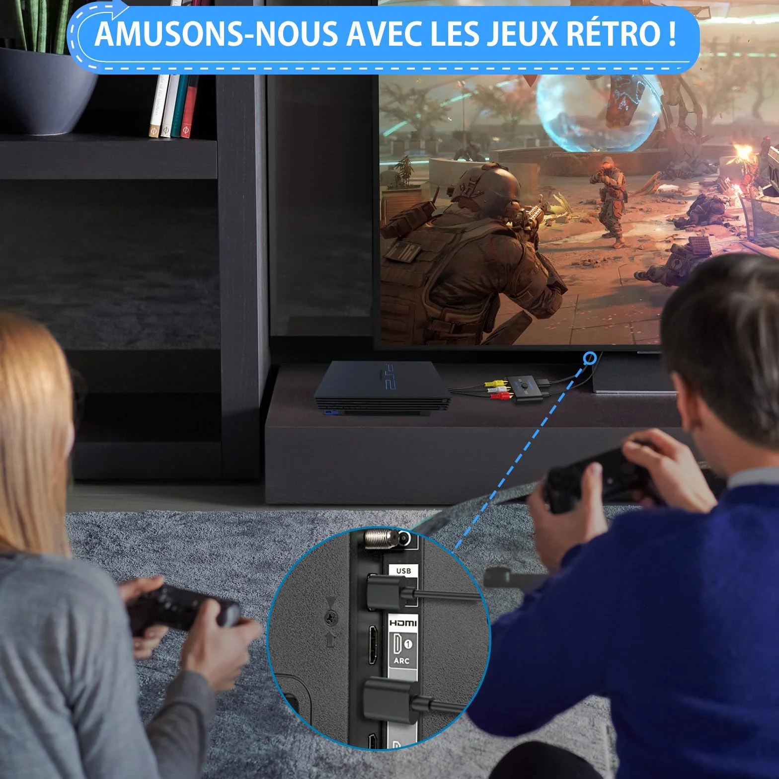 CAMWAY Convertisseur AV vers HDMI avec Câble 50cm Adaptateur RCA vers HDMI 1080P/720P (60Hz) pour PS1/PS2/Wii/N64 Commutateur 4:3/16:9 Exclusif Plug & Play Compatible Téléviseurs/Moniteurs
