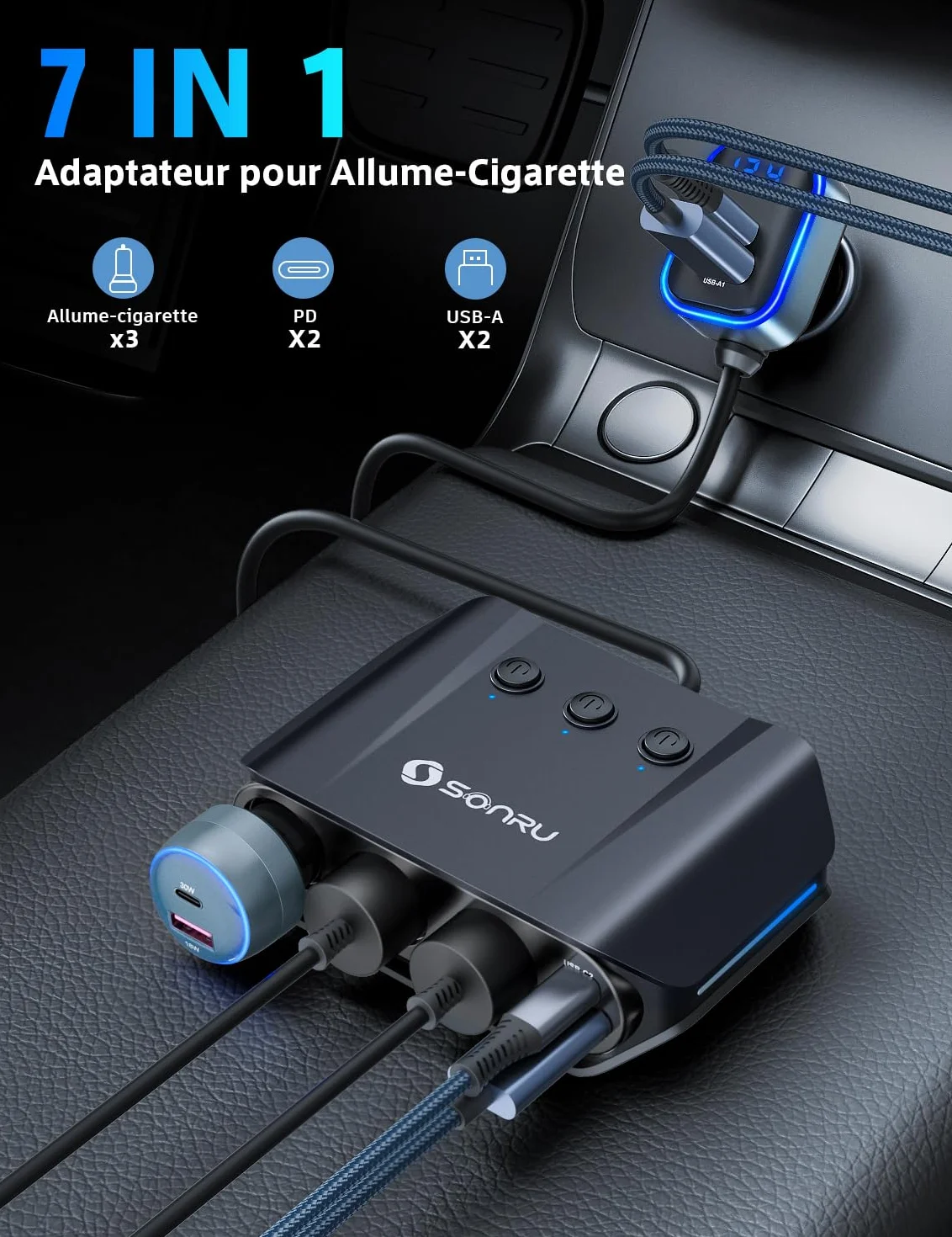 SONRU 7-en-1 Multi Prise Chargeur Allume Cigare, 180W【Dual PD & Quick Charge 3.0】 12V/24V Chargeur Voiture USB, Charge Rapide Chargeur, Affichage du Tension par LED pour Tablette/Phone/GPS