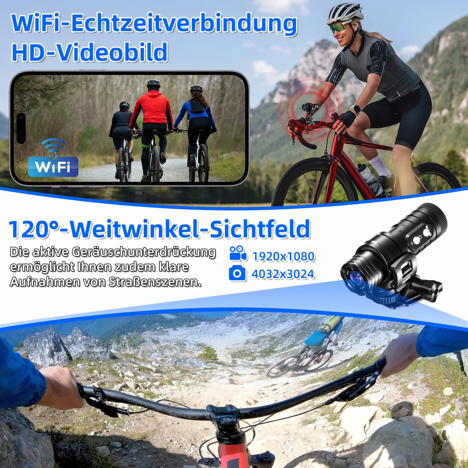 AIKER Caméra Sport WiFi Étanchéité IP66 1080P HD 120° Grand Angle Caméra Moto