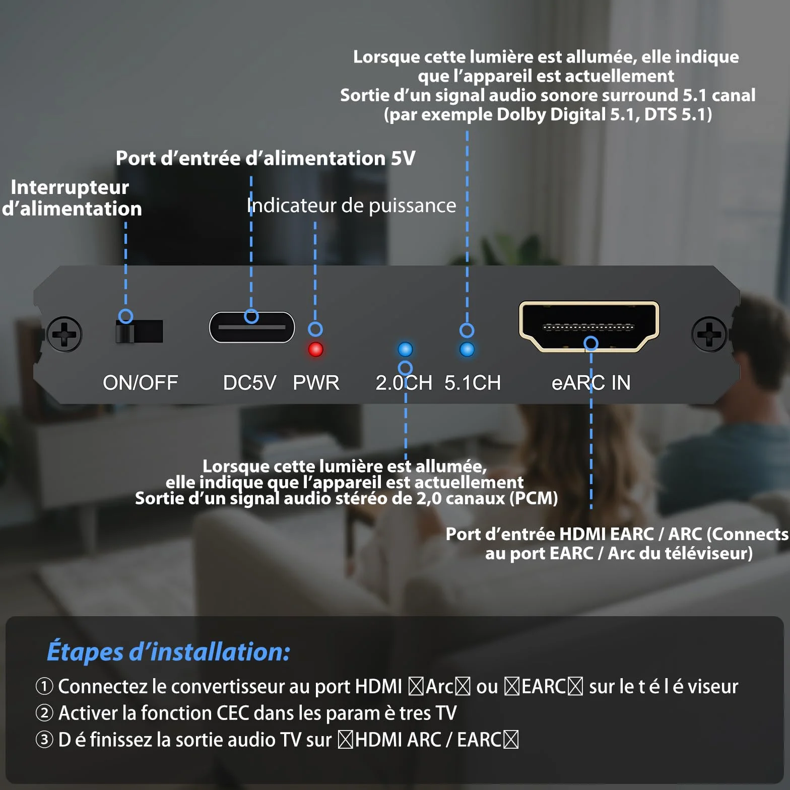 CAMWAY eARC Extracteur audio HDMI ARC/eARC vers fibre optique, RCA, convertisseur audio 3,5 mm, prend en charge le son surround 5.1, installation facile pour barre de son, amplificateur, casque