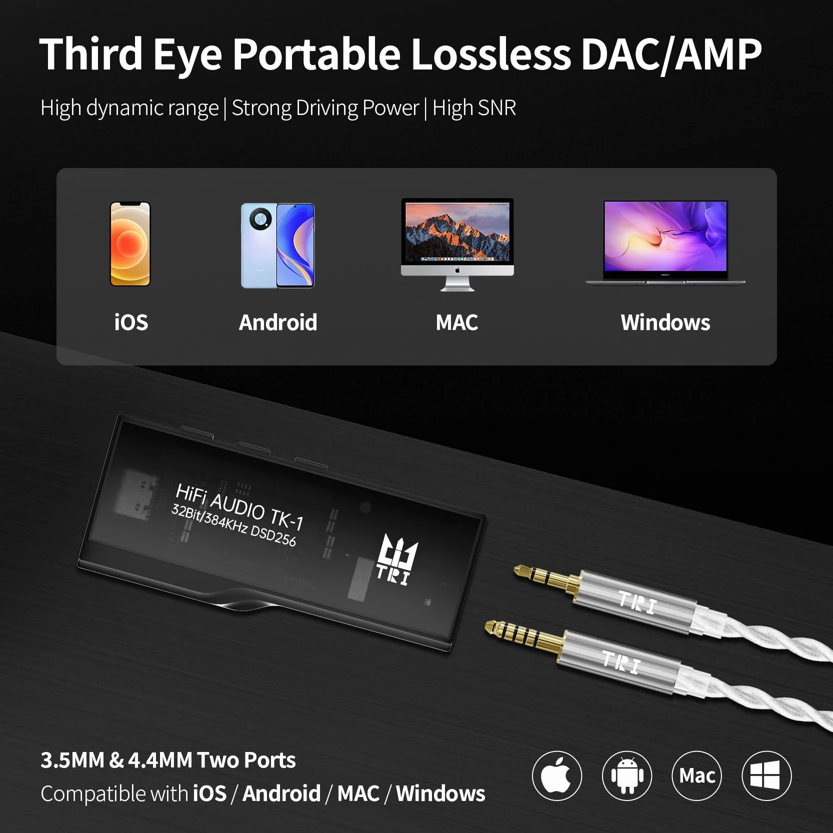 Yinyoo TRI TK1 Amplificateur de casque DAC portable à double puce CS43131 32 bits/384 kHz DSD256 pour audio Hi-Fi avec câble adaptateur USB-C vers USB-C pour prise de casque de 3,5 mm / 4,4 mm