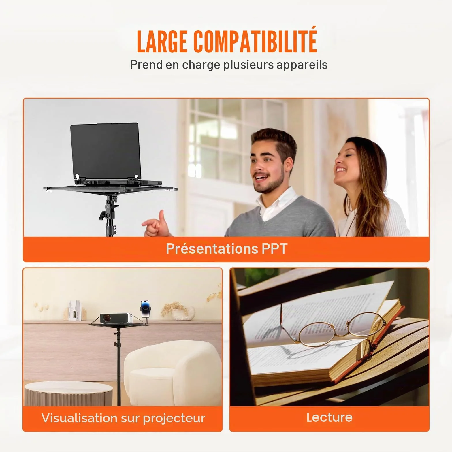 VEVOR Support Trépied Vidéoprojecteur Hauteur Réglable 68,5-160 cm avec Plateau et Support Téléphone