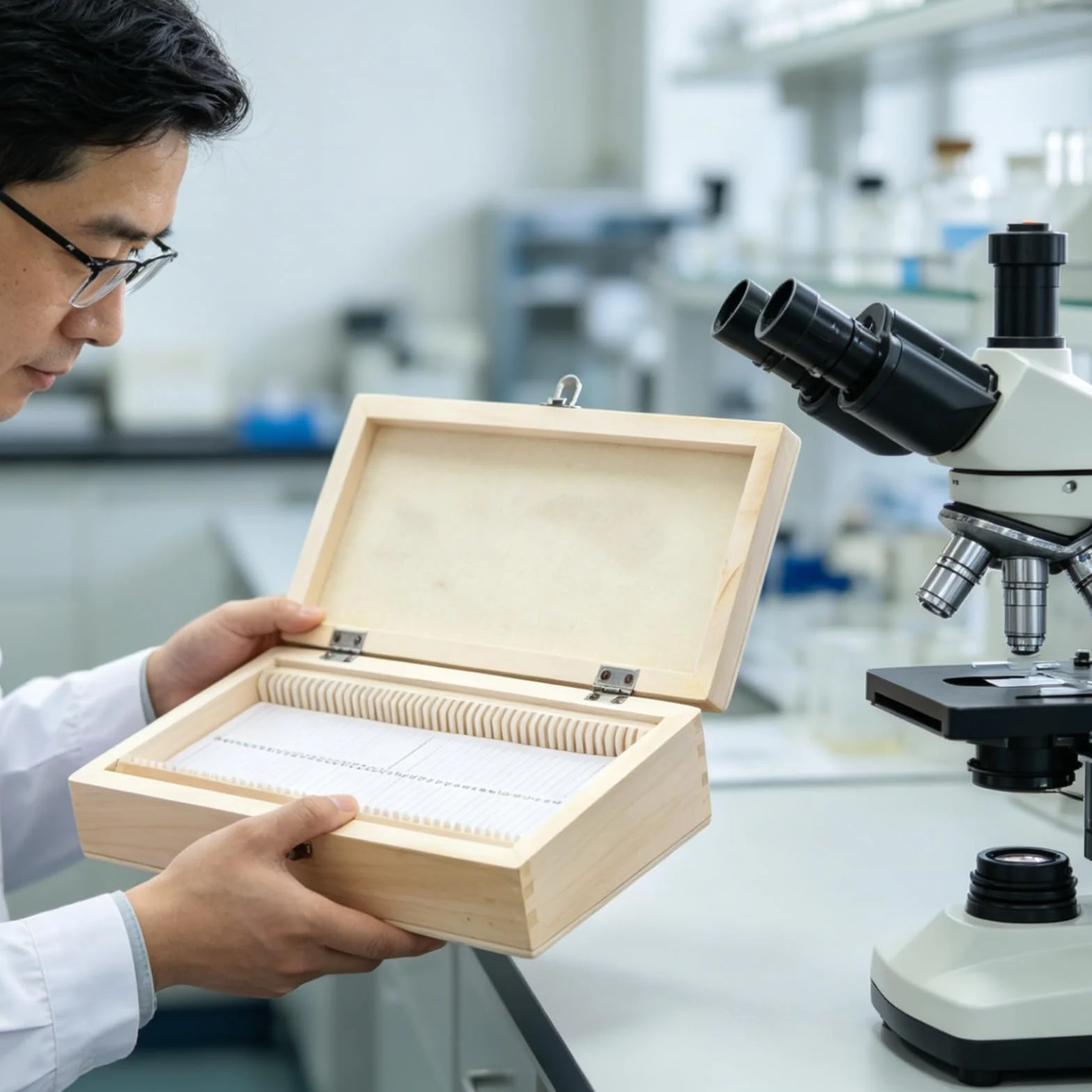 Coffret en Bois pour Lames de Microscope 50 Diapositives Boîte de Rangement 23x10,6x3,5cm