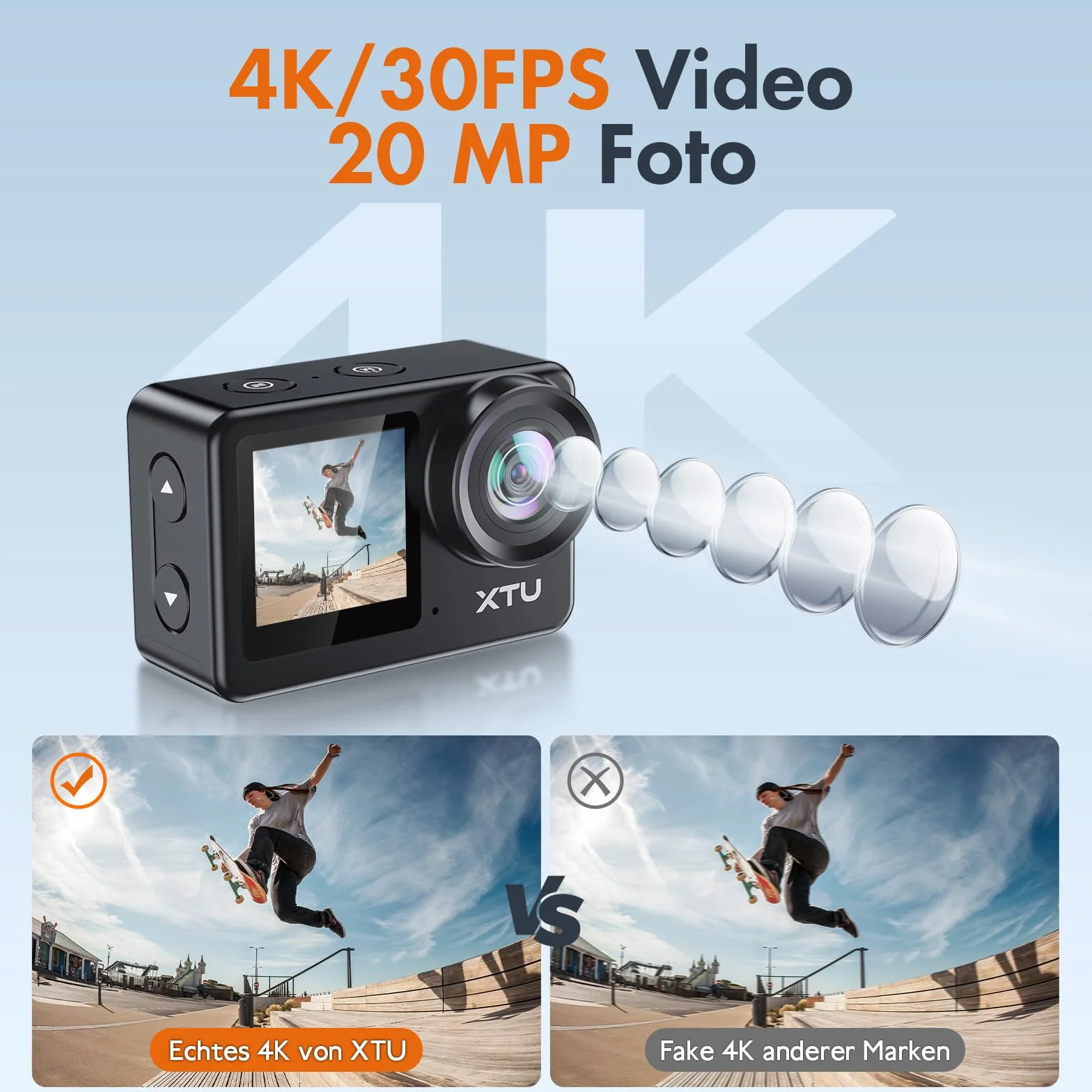XTU Camera Sport 4K avec Carte SD 64Go – Cam Sport 4K Étanche 40M, Caméra Action Grand Angle 170°, Stabilisation EIS, Double Écran Tactile, WiFi, Camera Moto pour Plongée, Ski, Vlog