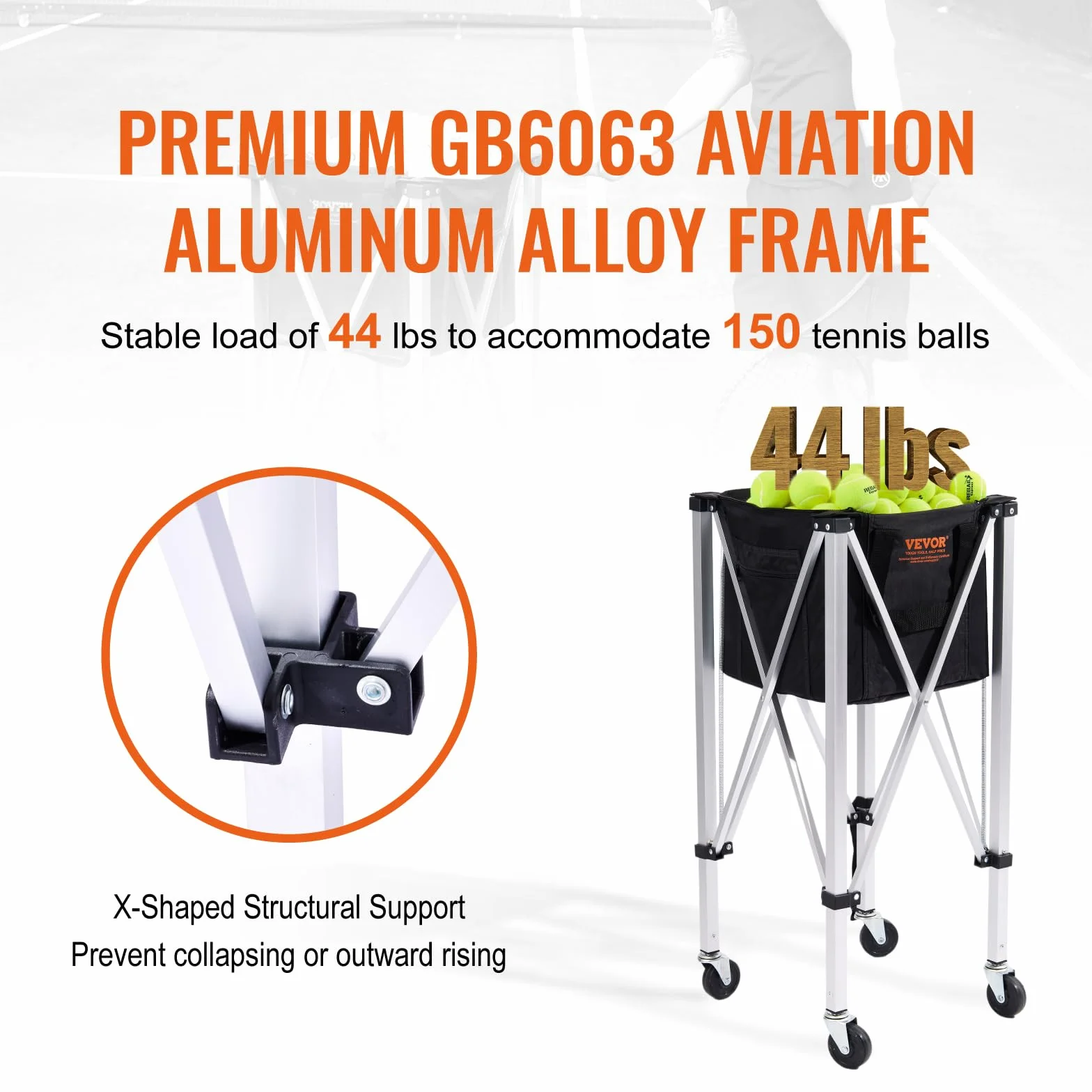 VEVOR Panier à Balle de Tennis Pliable 150 balles Chariot Alliage d'aluminium