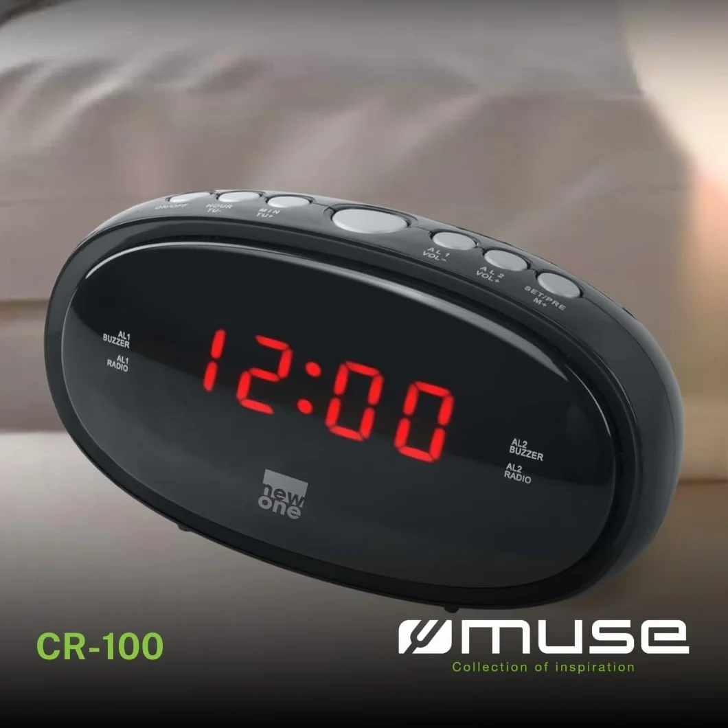 New One CR-100 Radio-Réveil avec Grand Écran LED | Double Alarme, Fonction Répétition, Radio FM, Luminosité Réglable, Alimentation Secteur + Sauvegarde Piles