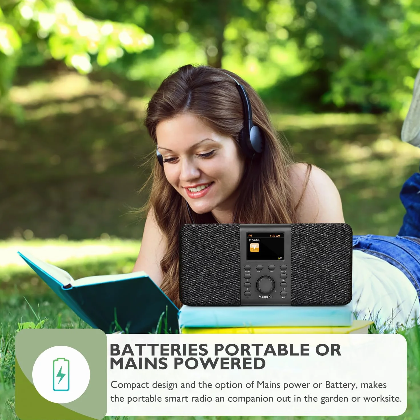 SR20 Radio Internet Stéréo avec Radio Numérique Dab/Dab+,WiFi avec Lecteur de Podcasts,Intelligente avec Bluetooth,FM,de Cuisine Secteur et Batterie,écran Couleur,Alarmes Doubles-Noir