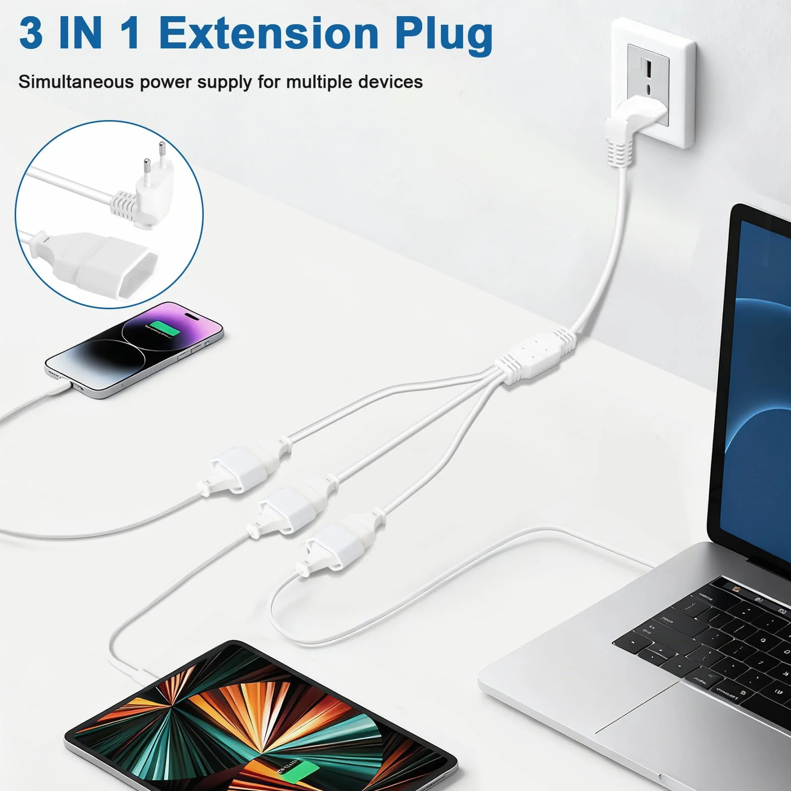 VINATO Câble D'extension Euro 3 en 1, 2.5A 250V Rallonge Electrique Exterieure, Rallonge Prise Plate, pour électroménagers TV Moniteur D'Ordinateur (Blanc, 0.5m)