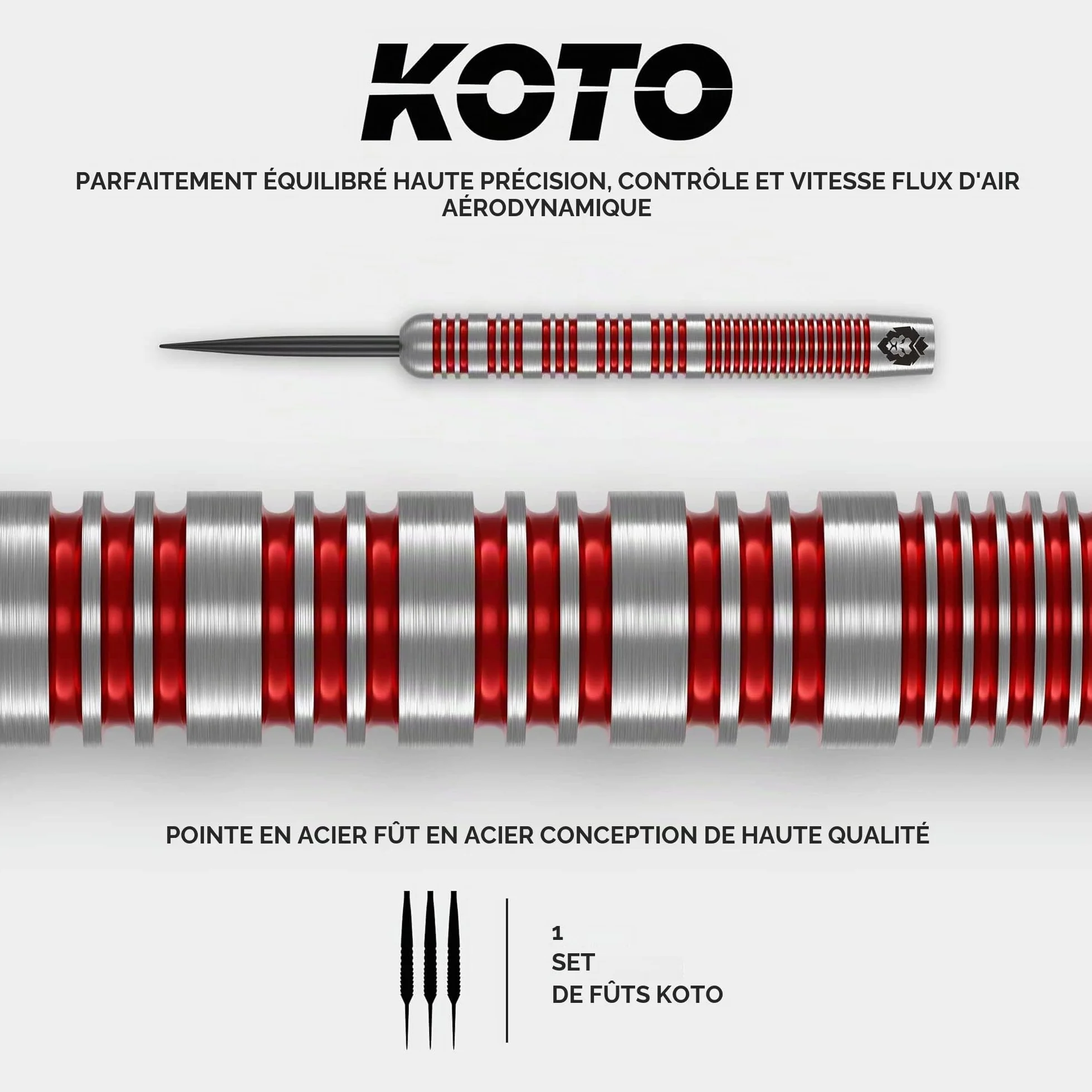KOTO Lot de 3 fléchettes Tribute avec barils, ailettes, tiges et porte-fléchettes, grip fixe Argenté rouge