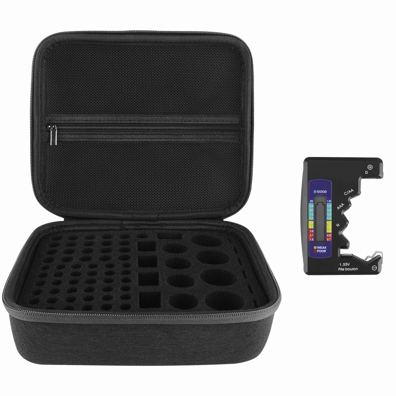 Linkidea BT-168 Boîte de rangement de batterie rigide avec testeur BT-168, support de boîte de batterie pour transport sûr – Capacité de 76 piles AA AAA 9 V C D Plusieurs tailles