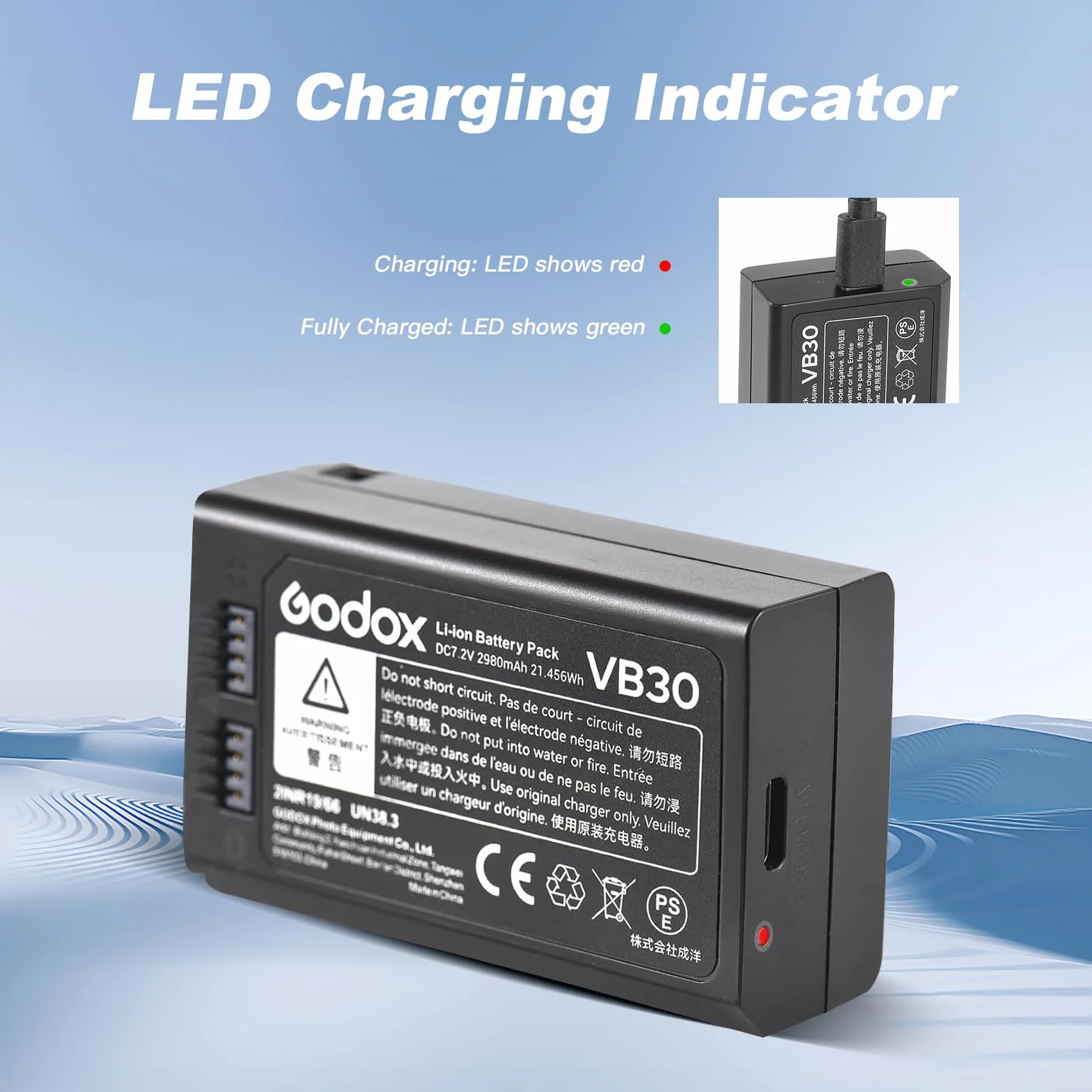 Godox VB30 Batterie Battery 7,2V/2980mAh pour Flash Rond Godox V1PRO C,V1PRO N,V1PRO S,V1PRO F,V1PRO O,et Flash V1,V860III,V850III ((2024) VB30)