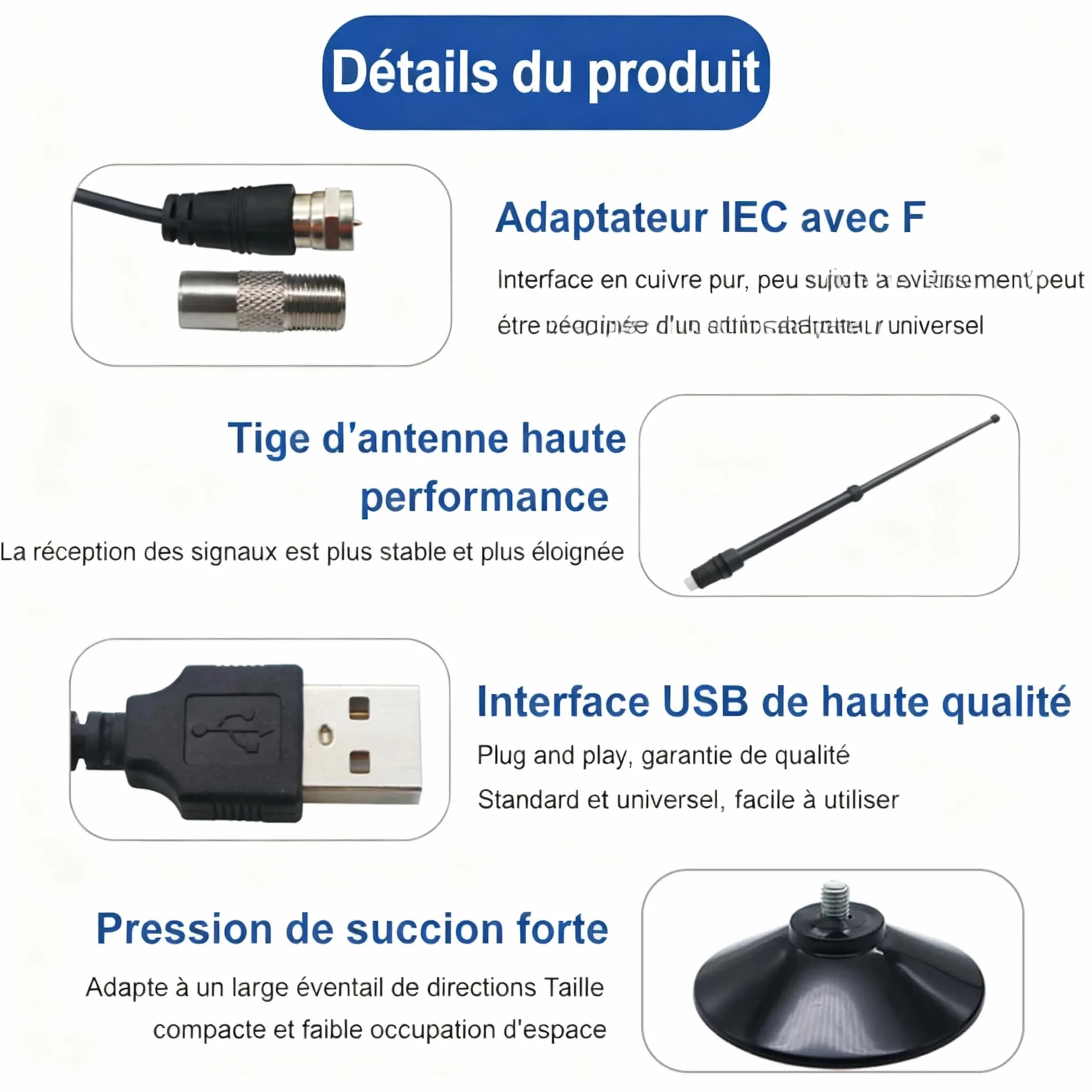 Antenne TV Intérieure Puissante – Réception Longue Portée à 360°Antennes TNT IntéRieur Puissante, Capture Chaînes Locales Gratuites, Base Magnétique, Câble Coaxial 3m