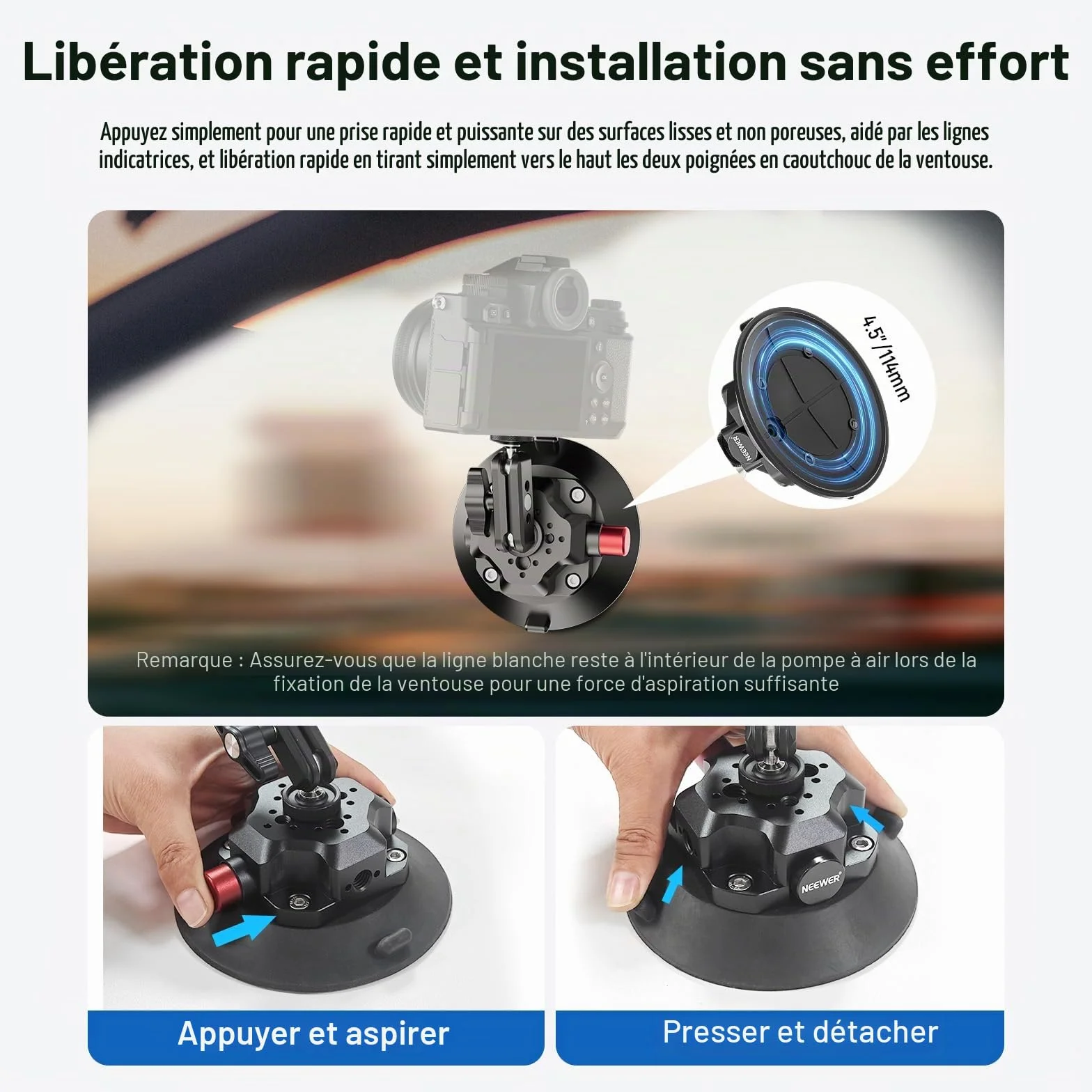 NEEWER Support Caméra Ventouse 4,5" Bras Magique, Compatible avec Arri 1/4" 3/8" Trous, Support Voiture Quick Release, Adaptateur Action Cam Compatible avec iPhone GoPro DJI Insta360, CA105