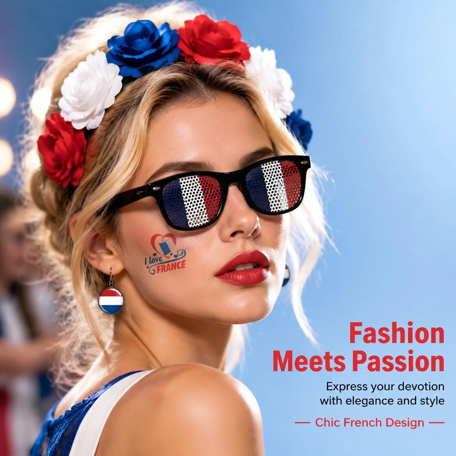 Set d'articles pour supporters français femmes Bleu-Blanc-Rouge - Serre-tête, boucles d'oreilles, lunettes de soleil & tatouages