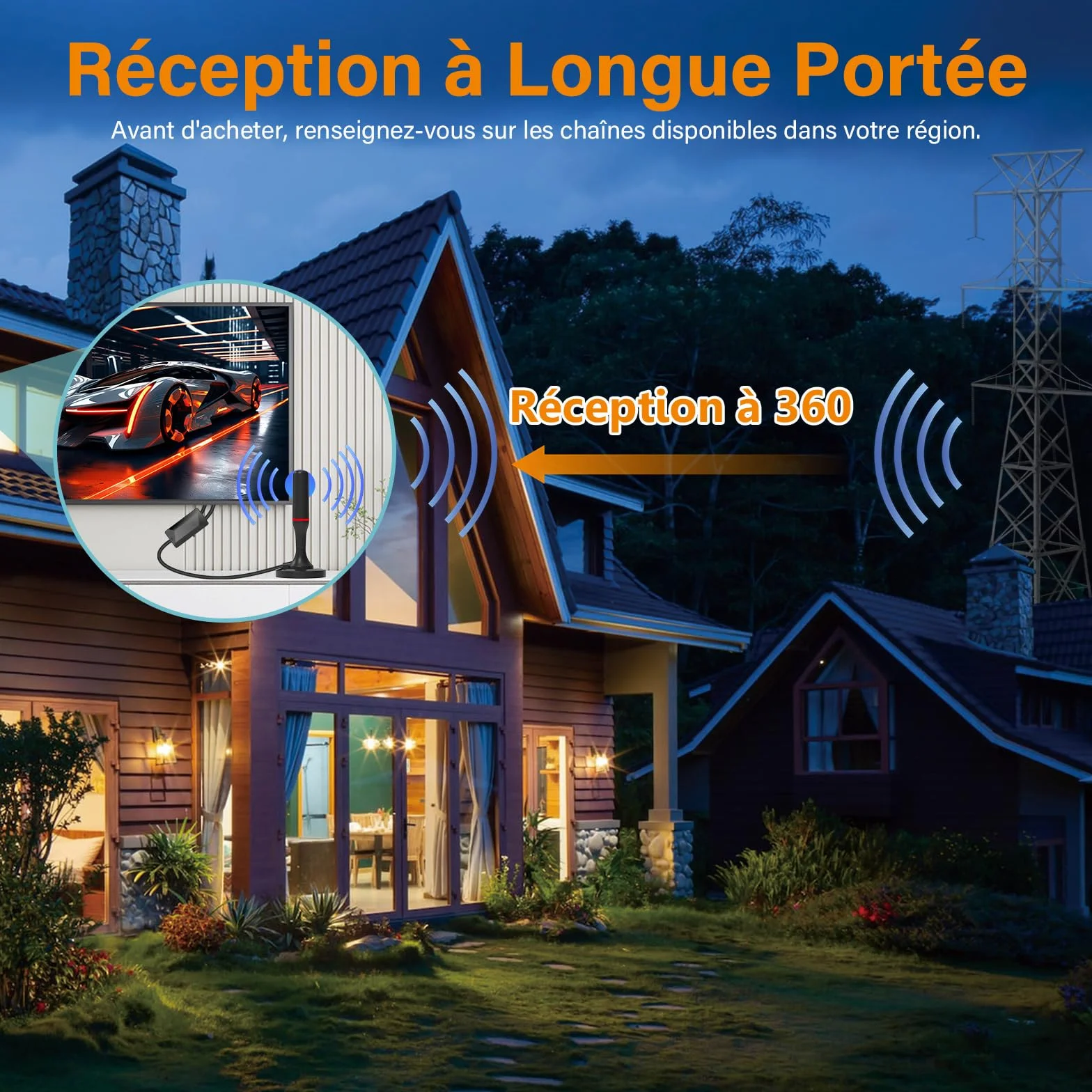 Antenne TV Intérieure Puissante, Antenne TNT Intérieure 2026 HD, Réception Longue Portée 360°, Base Magnétique Forte, Amplificateur Gain Élevé, Compatible 4K 1080P Toutes TV