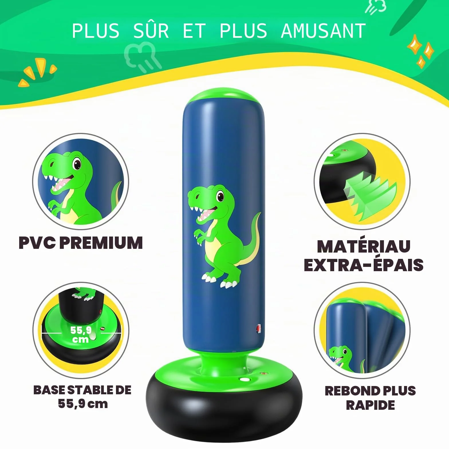 Sac de Boxe pour Enfants QPAU, Sac Boxe Gonflable Pied 3-8 Ans, Cadeaux Enfants, Set Debout Karaté Taekwondo