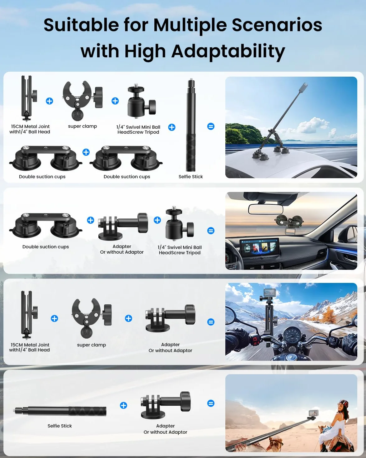 Kit de quatre ventouses de voiture pour Insta360 - Double couche réglable - Montage pour caméra d'action GoPro - Accessoires pour Insta360 X5