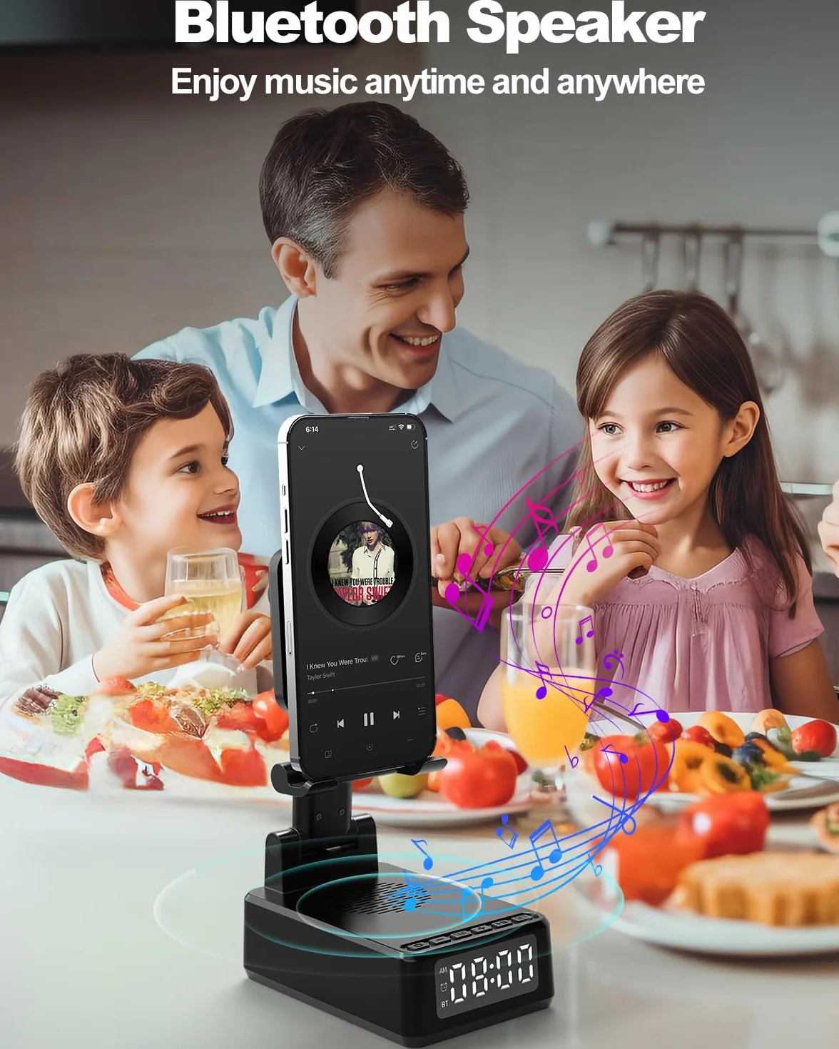 Enceinte Bluetooth Portable 5 en 1 avec Reveil Matin, Chargeur sans fil, Support pliable pour téléphone