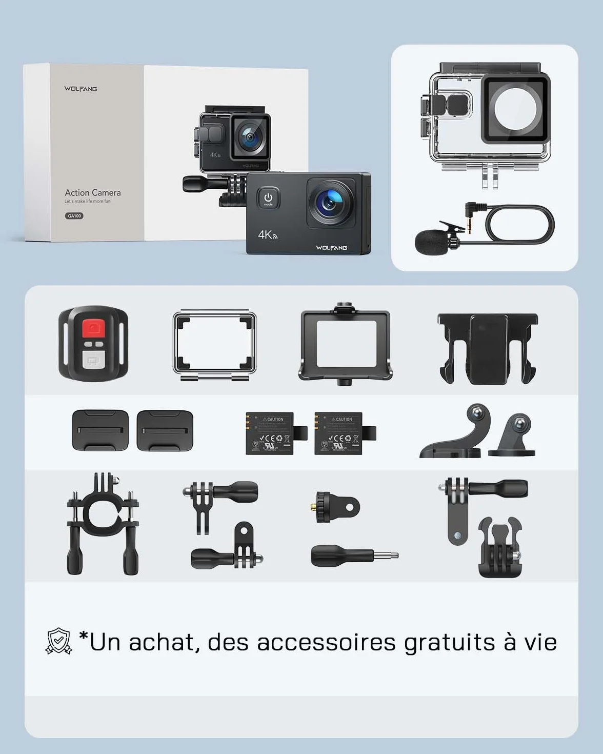 WOLFANG GA100 4K 30FPS Caméra Sport WiFi 20MP Étanche 40m avec Double Microphone Télécommande
