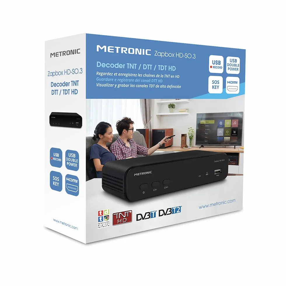 Metronic 441655 Décodeur TNT Full HD Zapbox HD-So.4 avec Port USB - Récépteur Enregistreur Chaines Gratuites - Port USB, HDMI, Ethernet, Péritel- Télécommande - Noir