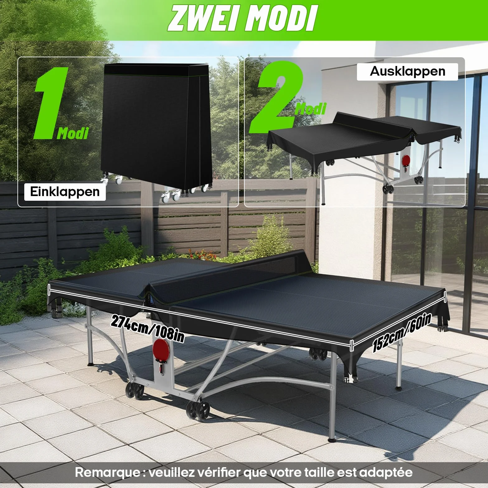 Housse Table de Ping Pong Exterieur Oxford 600D Imperméable 188x165 cm