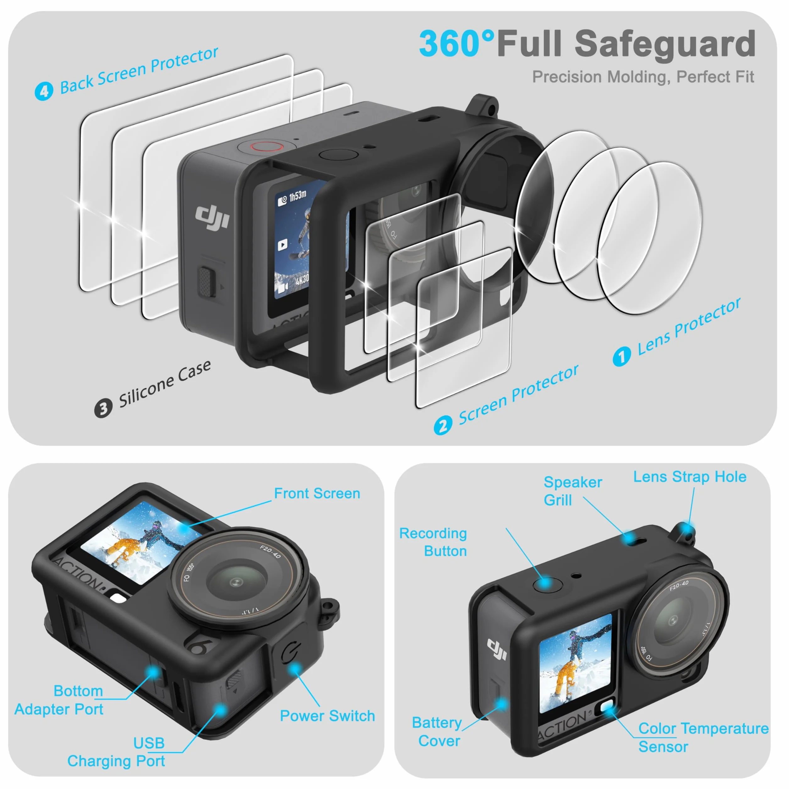 Étui en caoutchouc silicone + 3 protecteurs d'écran en verre trempé pour DJI Osmo Action 6