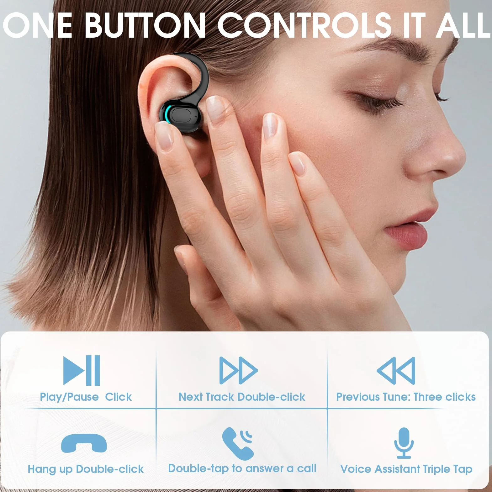 Oreillette Bluetooth Sans Fil V5.2 Avec Micro Intégré, Écouteurs Sans Fil, Tour D'oreille 360°, 20h De Lecture, Tour D’Oreille Réduction De Bruit Écouteur Mono Pour Iphone, Android, Pc, Sport, Travail