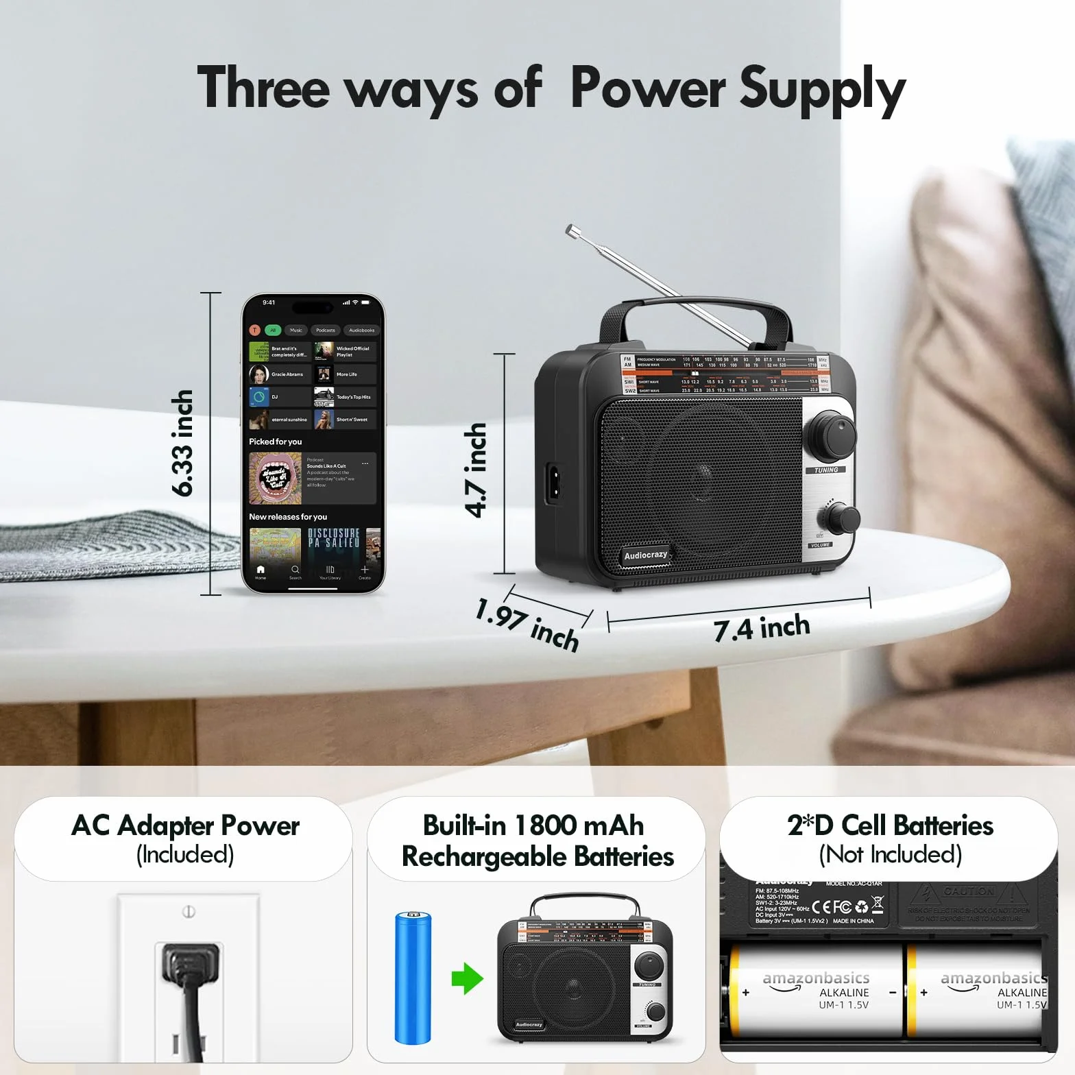 Radio Portable FM/AM/SW1-2 Radio Multibande avec Batterie Rechargeable 1800 mAh, Câble AC Ou Radio FM Portable avec Piles, Haut-parleurs, Prise Casque, Entrée AUX Noir