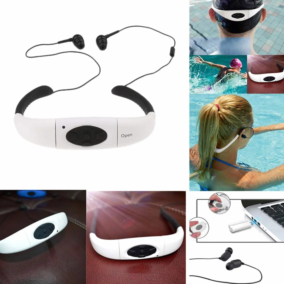 Suney Lecteur MP3 étanche Casque audio sans fil 8 Go HiFi pour natation et course à pied 6 à 8 heures Lecteur MP3 étanche pour surf, natation, sport, course à pied Waterproof Bluetooth blanc