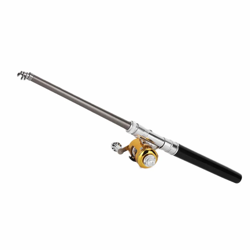 Canne à pêche Stylo Pliable Télescopique Portable + Moulinet Combo Set Alliage d'aluminium Noir