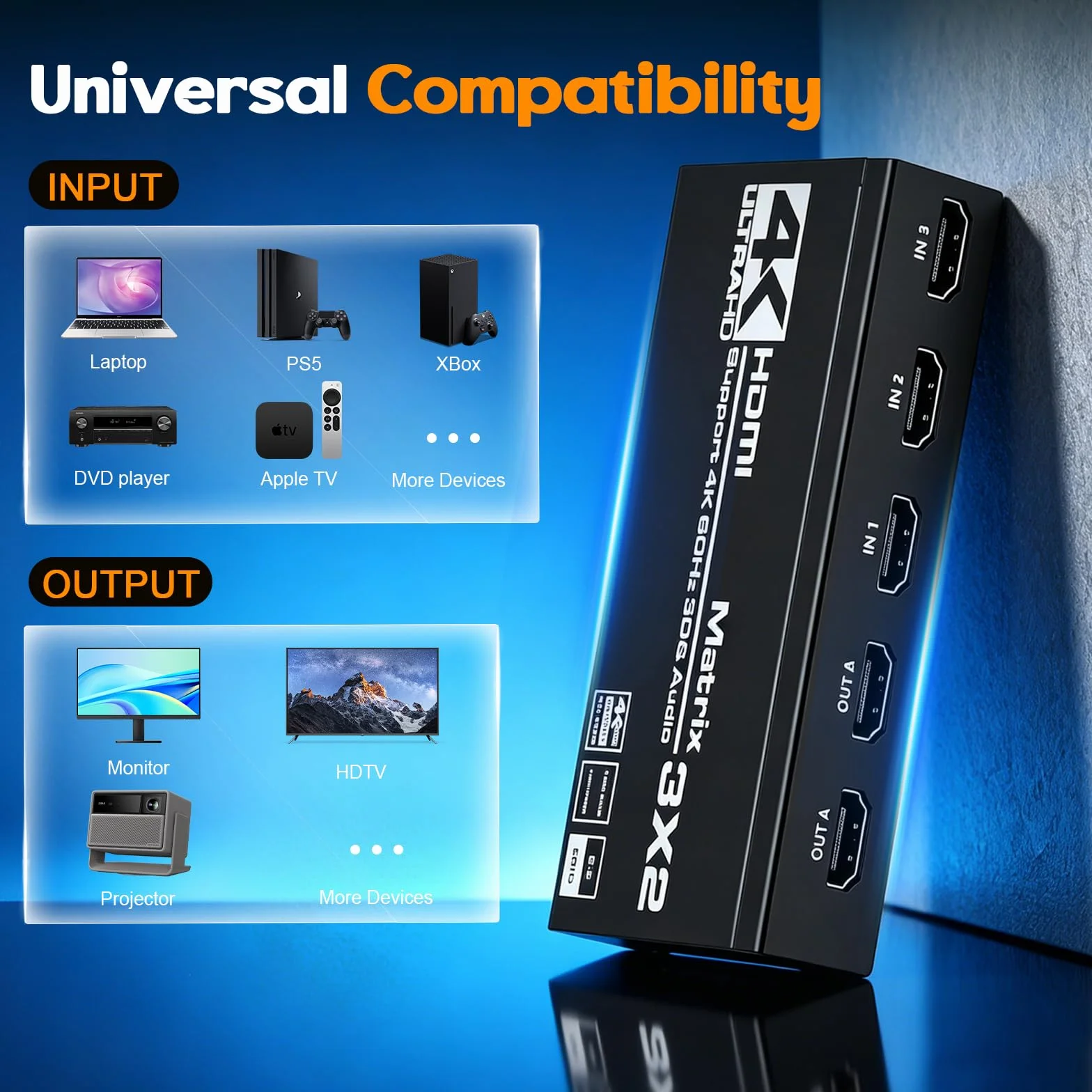 Switch Hdmi 4K 60Hz 3x2, HDMI Switch Splitter 3 in 2 Out, HDCP 2.3 HDR10 18Gbps, mit IR Télécommande & 3.5mm Audio Extractor, Support 4K@60Hz, HDCP 2.2, pour Switch, PS5, Xbox, PC