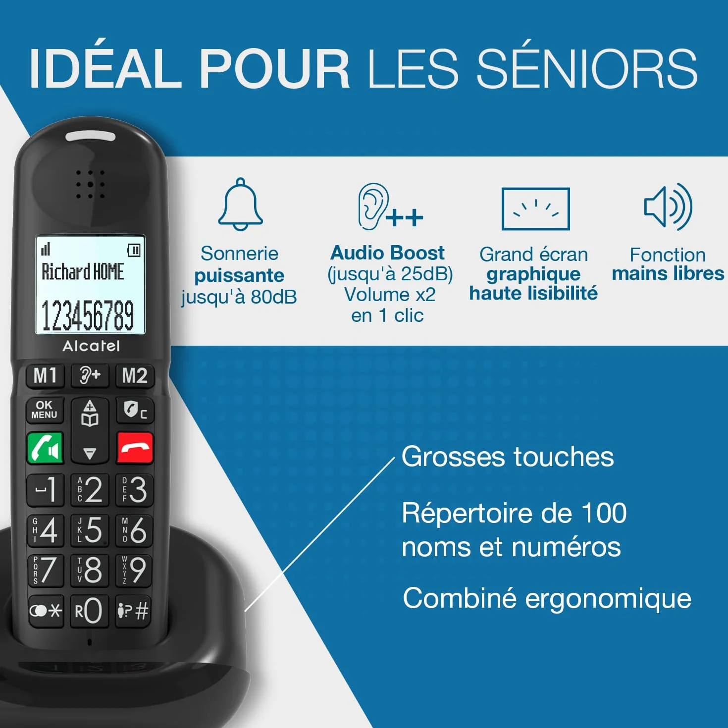 ALCATEL XL685 - Téléphone Fixe sans Fil DECT Senior Format XL - Écran Graphique Haute lisibilité - Grandes Touches - Audio Boost - Mains Libres - Blocage des Appels - Noir