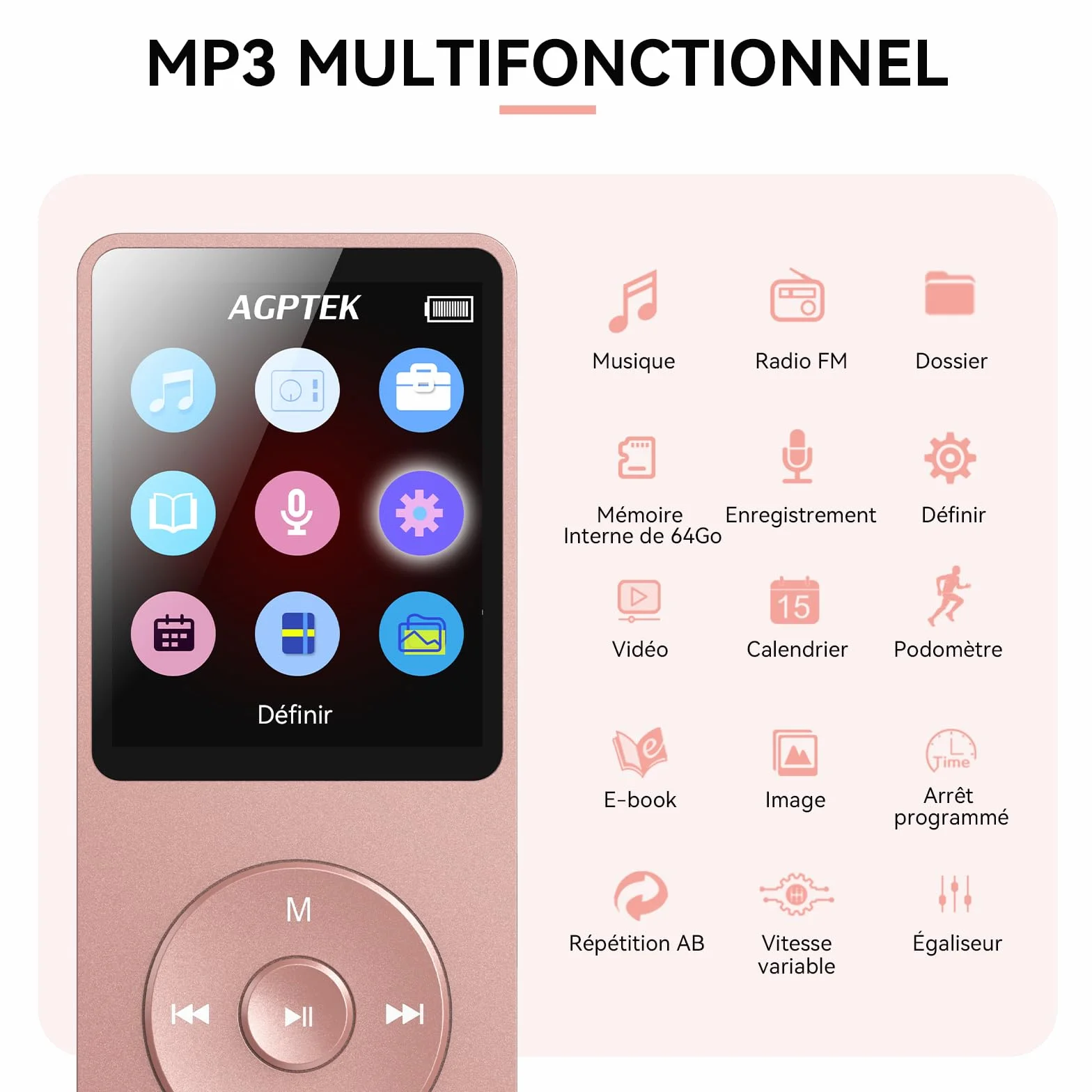 AGPTEK Lecteur MP3 Classique 64Go, Autonomie 70 Heures, Léger 30g, Hi-Fi, Baladeur Sport Enfant Adulte, Carte TF 128G - Rose