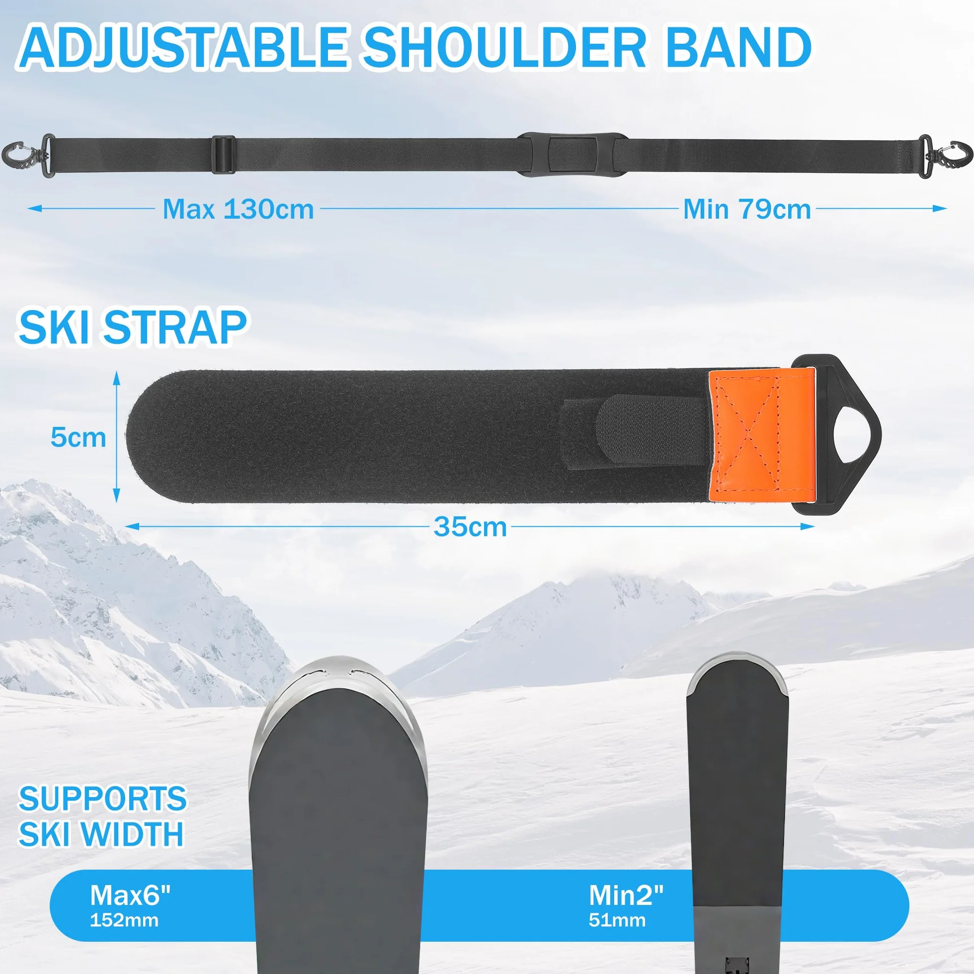 Sangle de Transport pour Skis Réglable 79-130cm, Porte Ski Dorsal avec Bretelle Confort