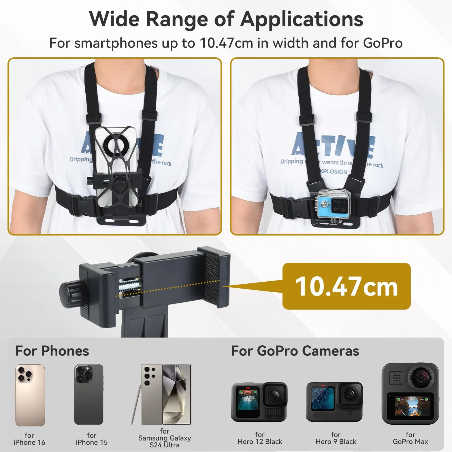 UTEBIT Support de Sangle de Poitrine pour Téléphone Harnais de Fixation Torse Réglable pour Caméras d'action Sangle de Montage Téléphone Compatible avec Gopro pour iPhone pour Samsung