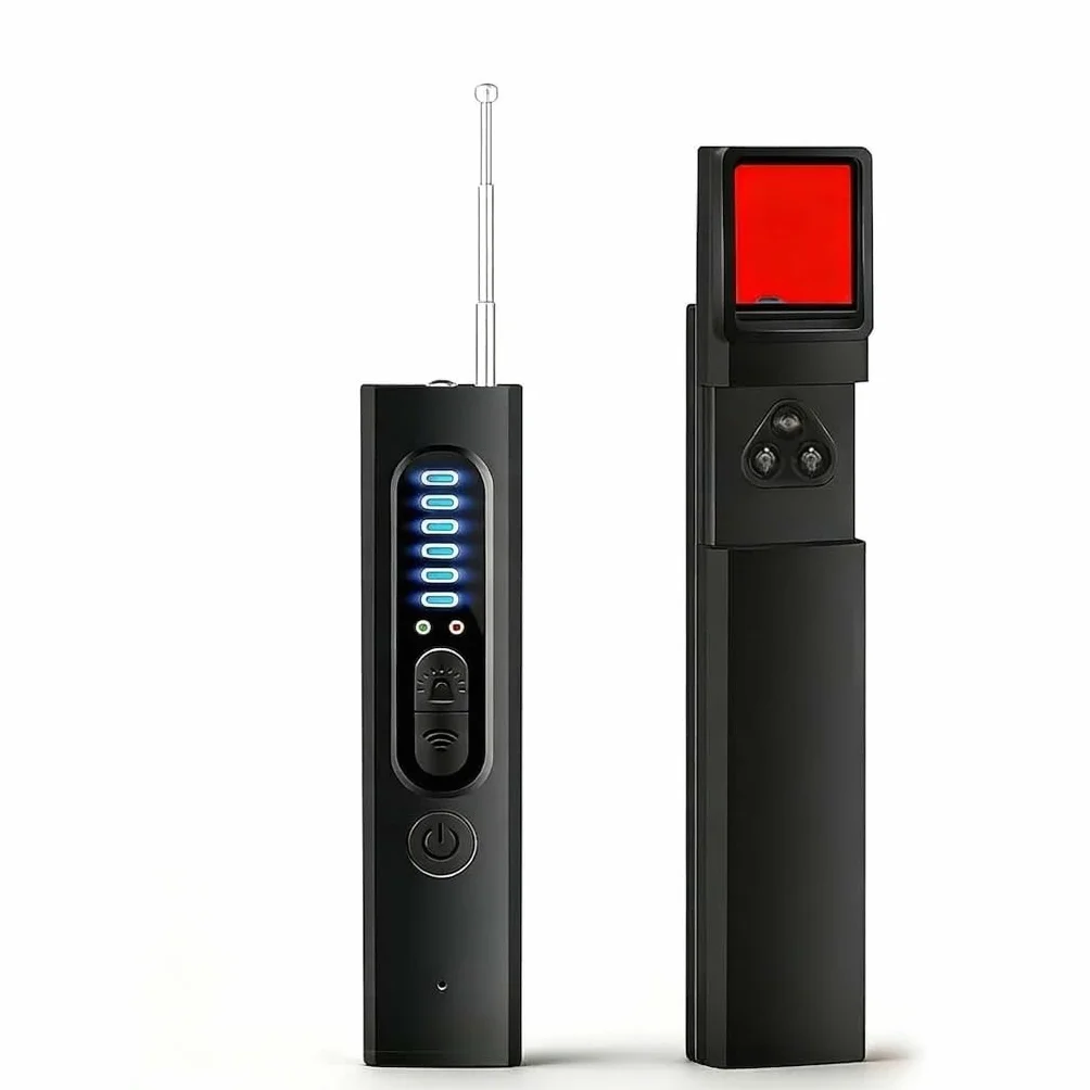 Détecteur de Caméra Cachée 4-en-1 avec Détection de Micro Espion & Traceur GPS Balayage Optique LED IR 5 Niveaux de Sensibilité Alarme Sécurité Anti-Espionnage pour Maison Bureau Hôtel Voyage