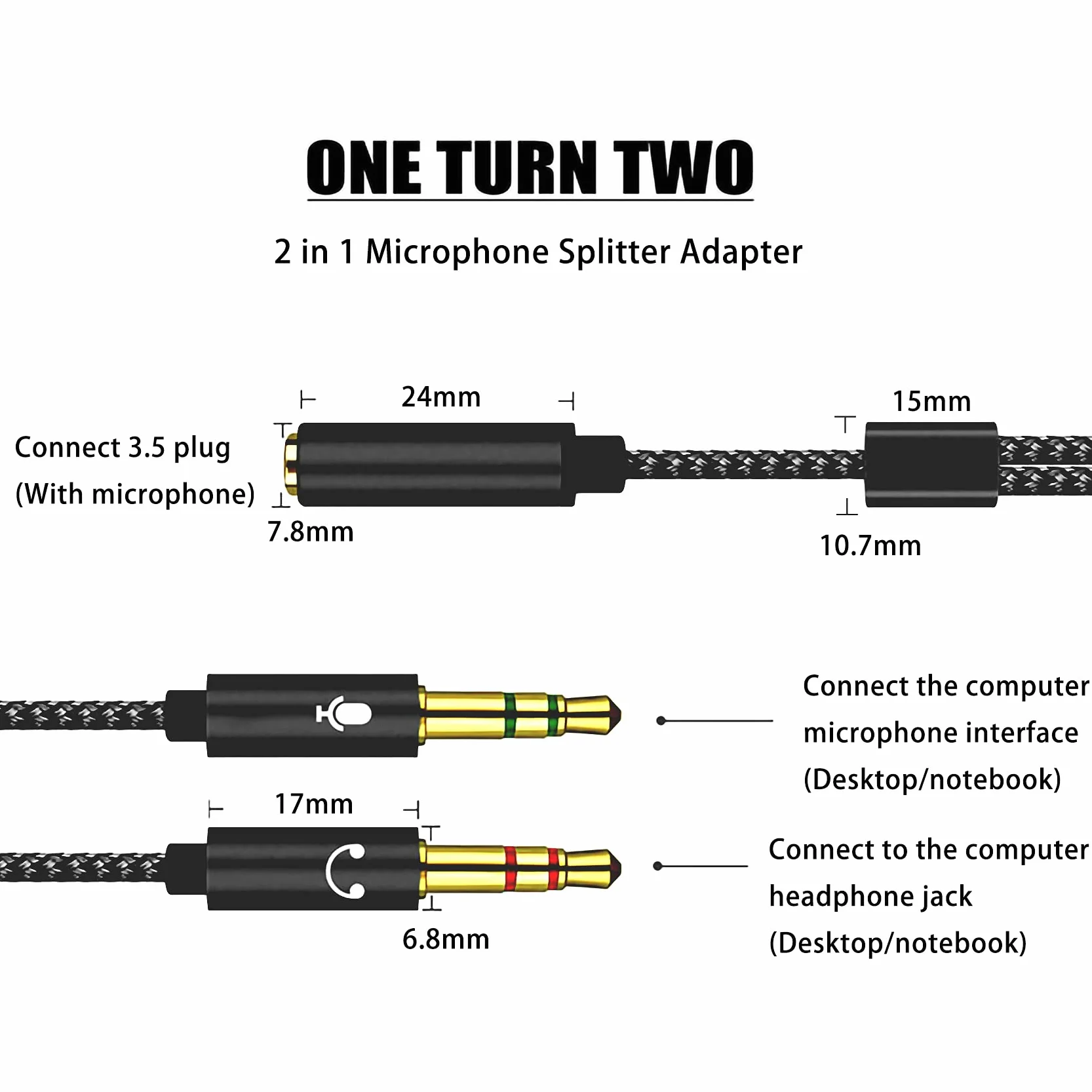 Adaptateur Jack Audio Stéréo 3,5mm, Adaptateur Splitter Y Micro Casque, 3.5mm Femelle à 2 Dual 3.5mm Mâle pour PC PS4 Xbox One Ordinateur, écouteur-22cm